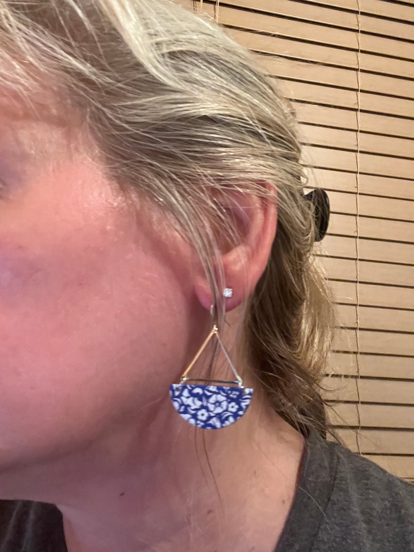 Royal Blue and white Floral dangling clay earrings modern disk shape Silver triangle hardware handmade earrings ightweight The Katie