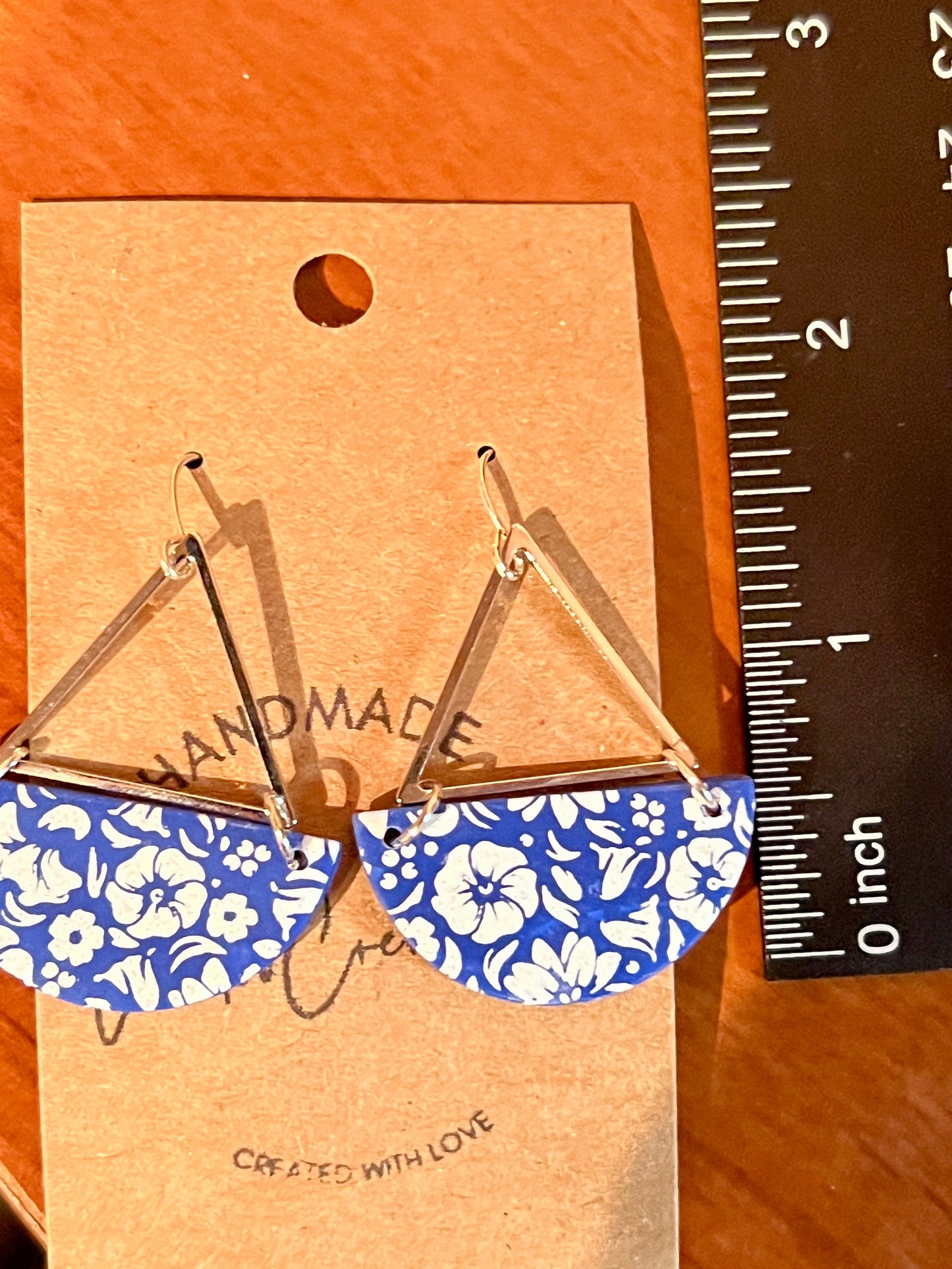 Royal Blue and white Floral dangling clay earrings modern disk shape Silver triangle hardware handmade earrings ightweight The Katie