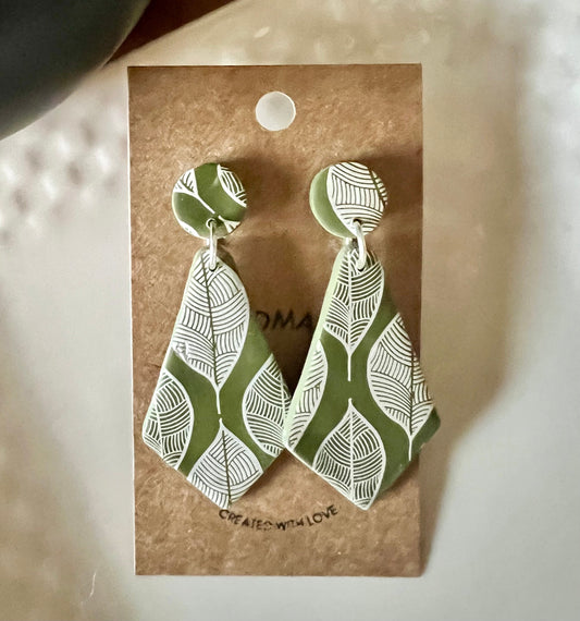 Olive Green leaf pattern dangle clay earrings with plastic non metal posts lightweight handmade clay metal allergy The Diane