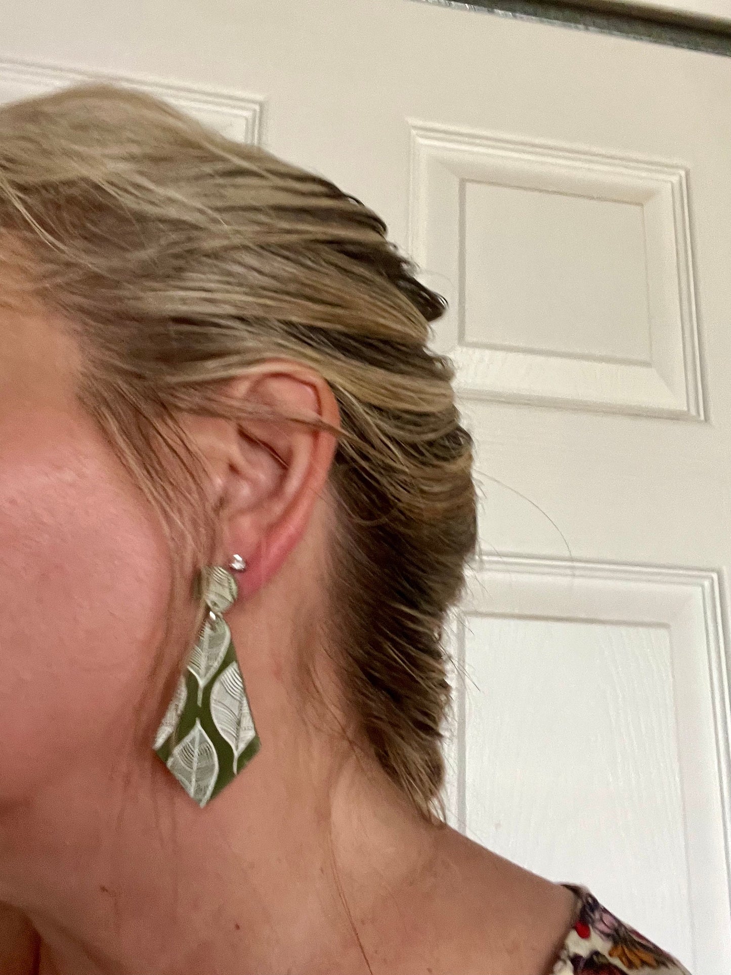 Olive Green leaf pattern dangle clay earrings with plastic non metal posts lightweight handmade clay metal allergy The Diane
