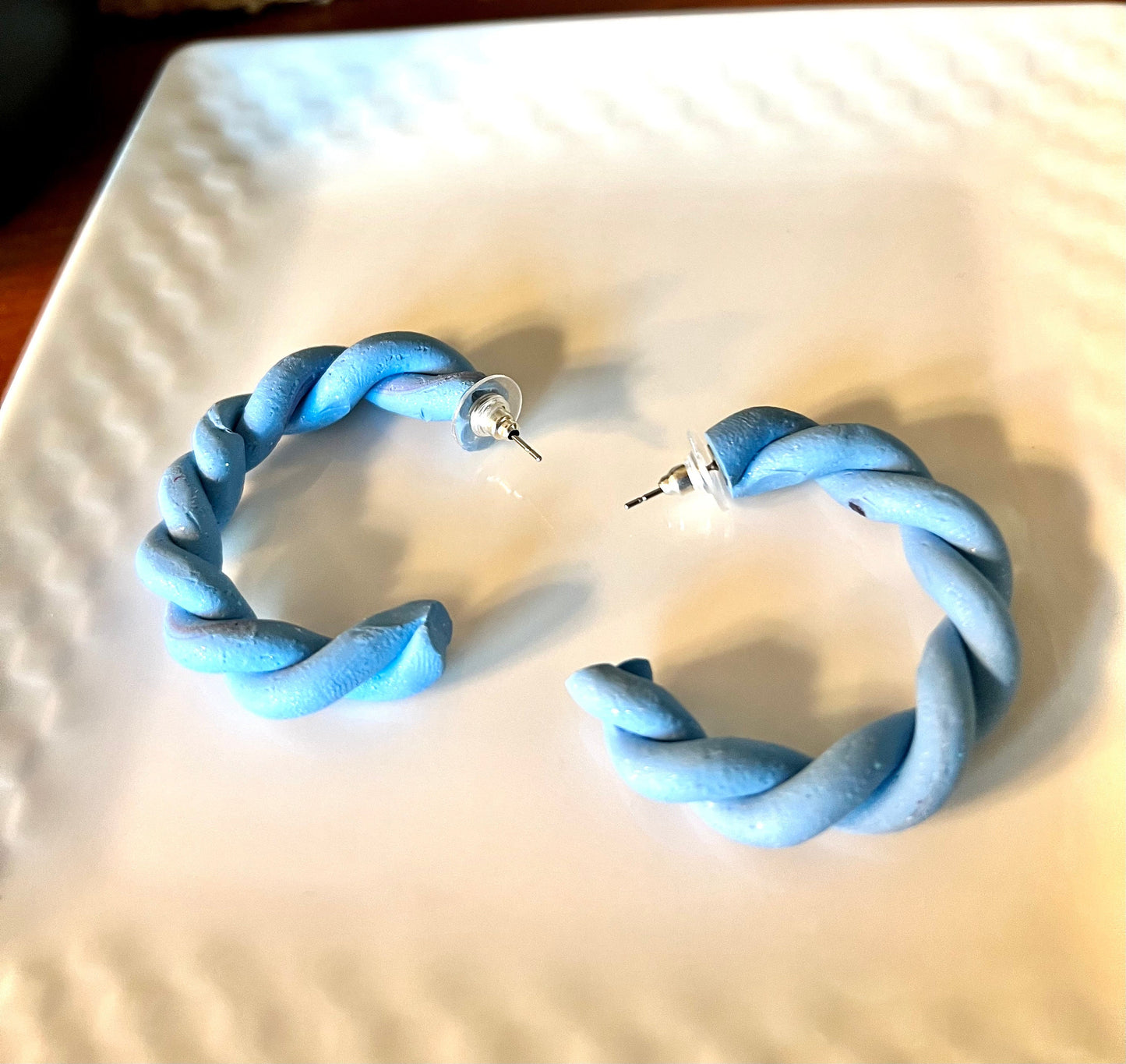 Light blue hoops polymer clay earrings twisted chunky lightweight handmade medium size 1 3/4 inch diameter