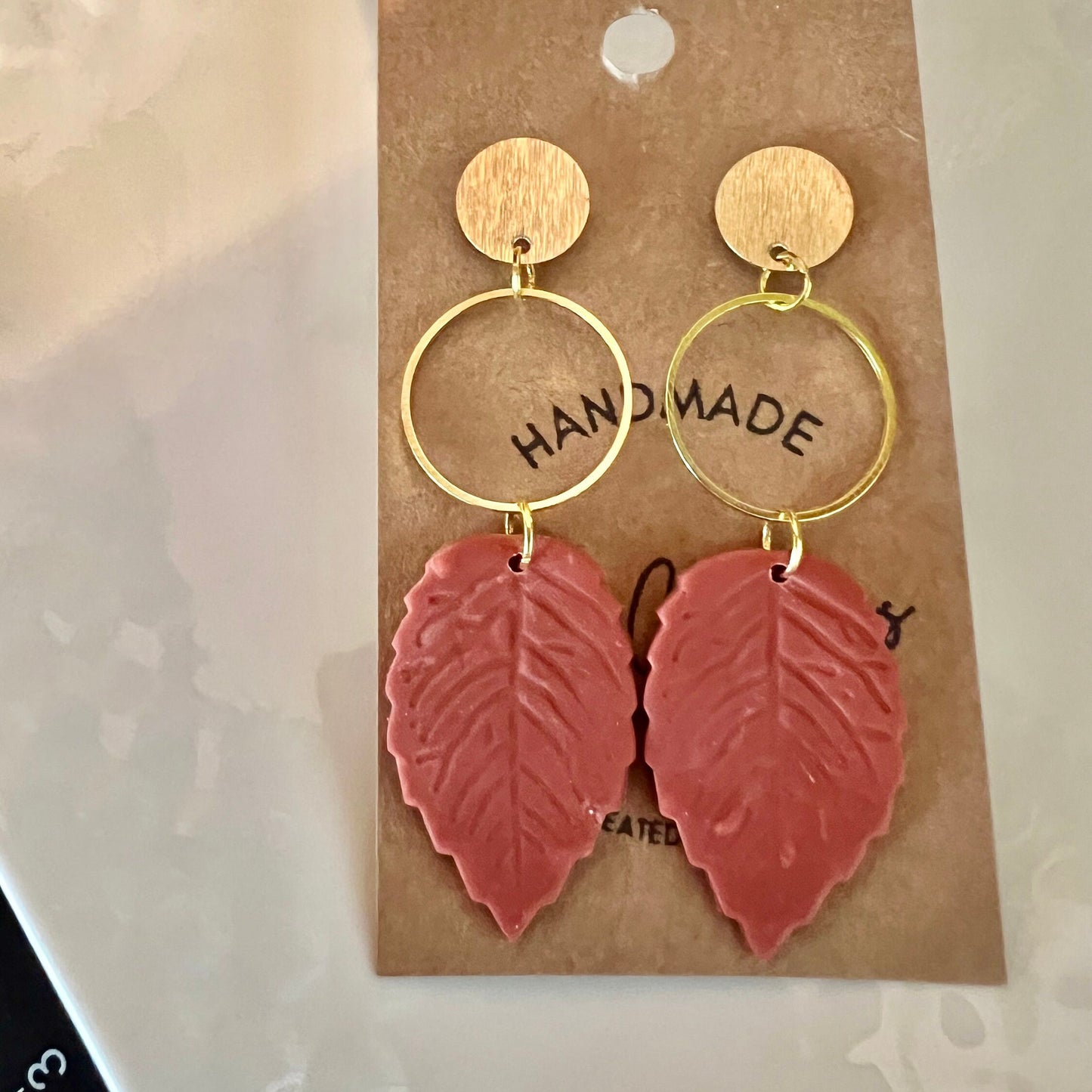 Burnt Orange leaf polymer clay earrings/gold hardware/gold stud autumn fall/lightweight/The Elena