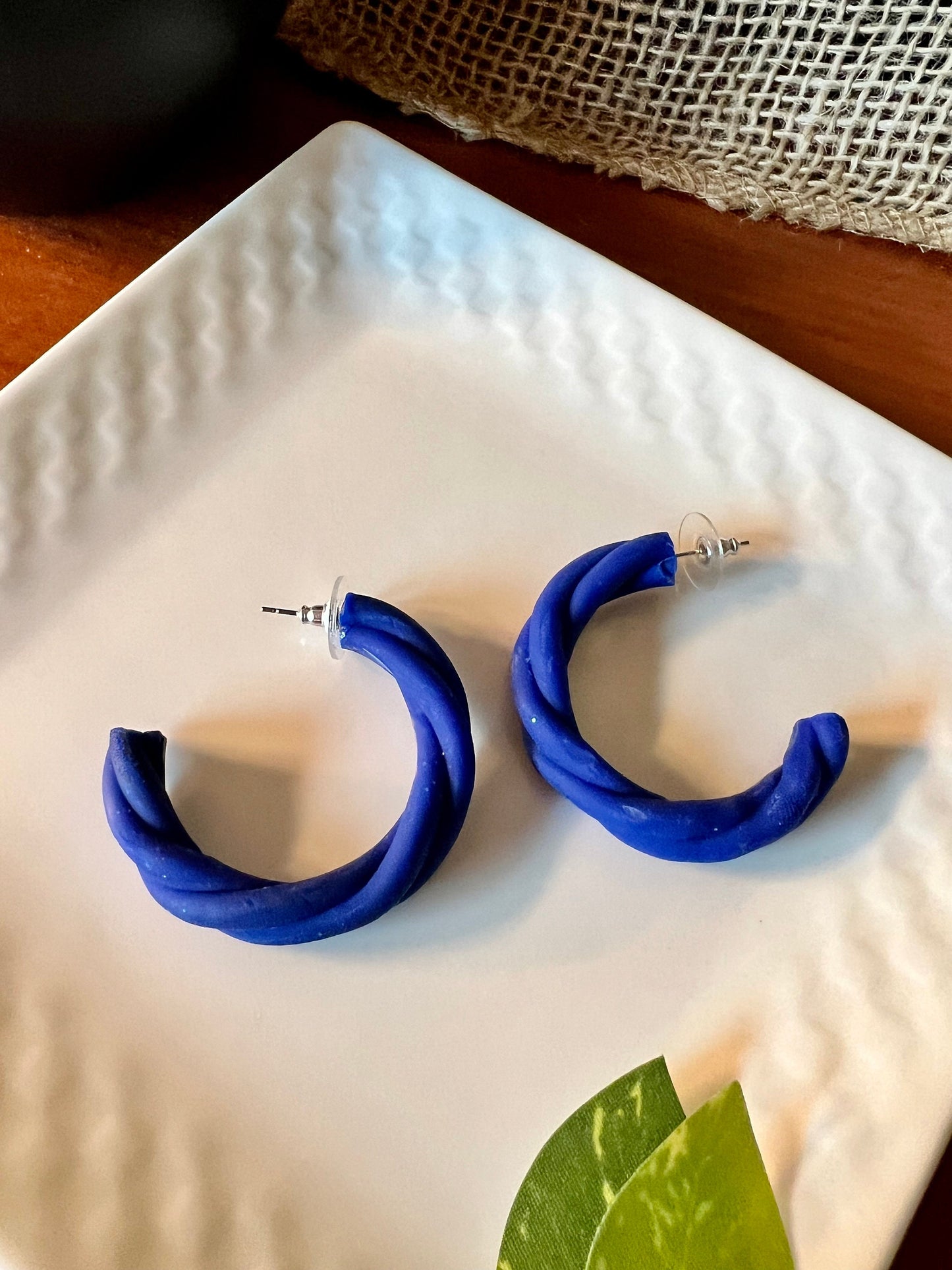 Royal blue hoops polymer clay earrings twisted chunky lightweight handmade cobalt blue medium size 1 3/4 inch diameter