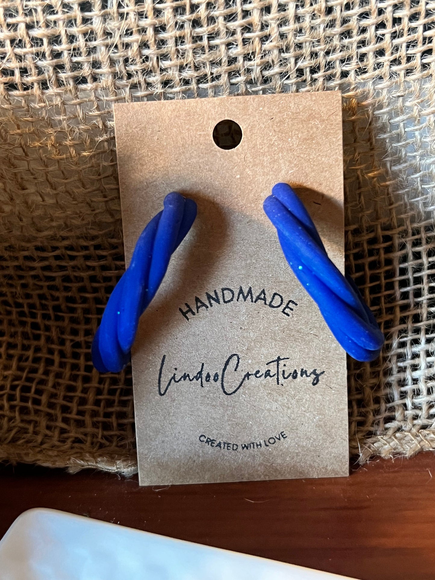 Royal blue hoops polymer clay earrings twisted chunky lightweight handmade cobalt blue medium size 1 3/4 inch diameter