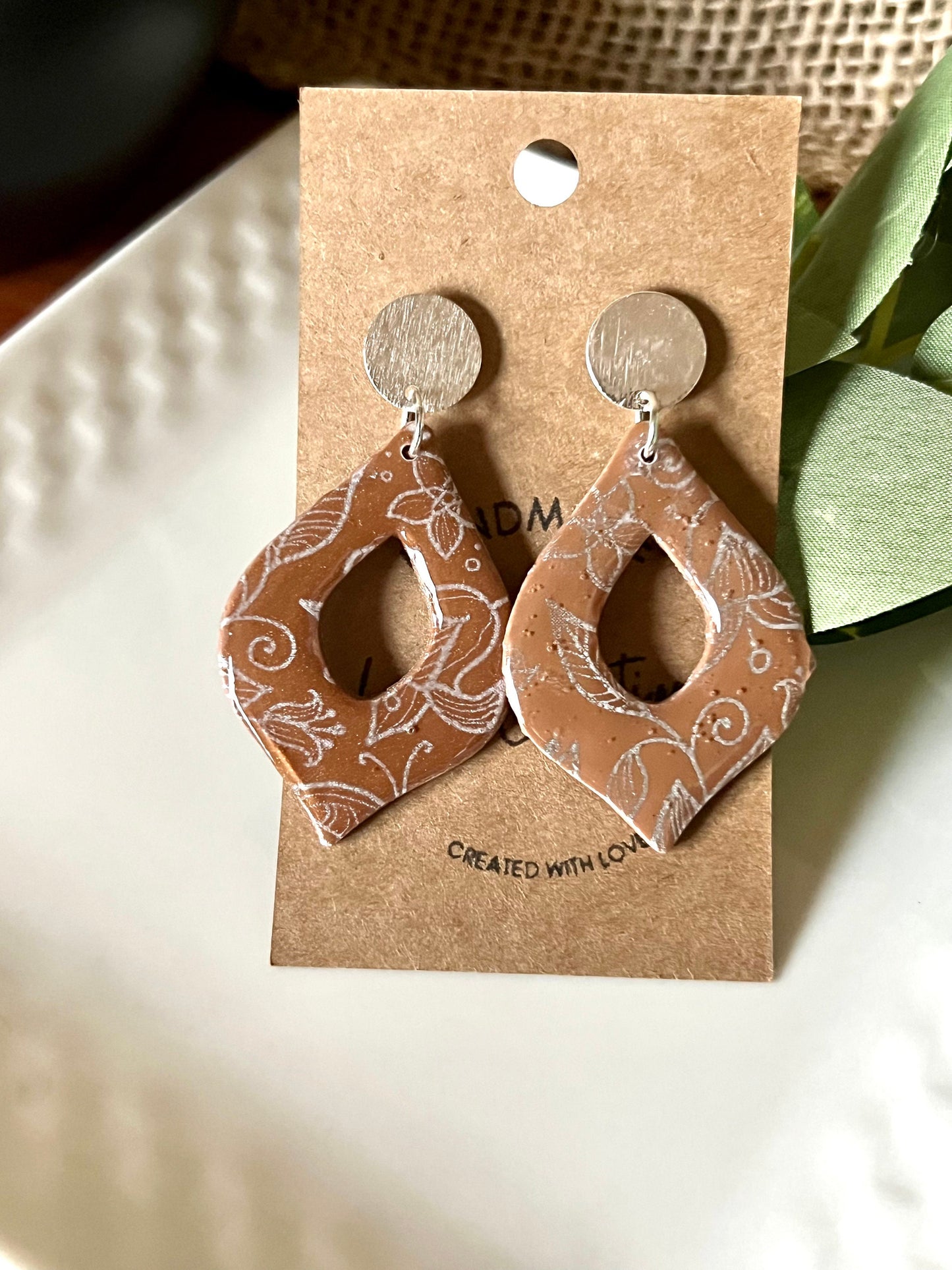 Brown with silver shiny resin coating Dangle teardrop shape handmade clay earrings silver posts lightweight The Arabella