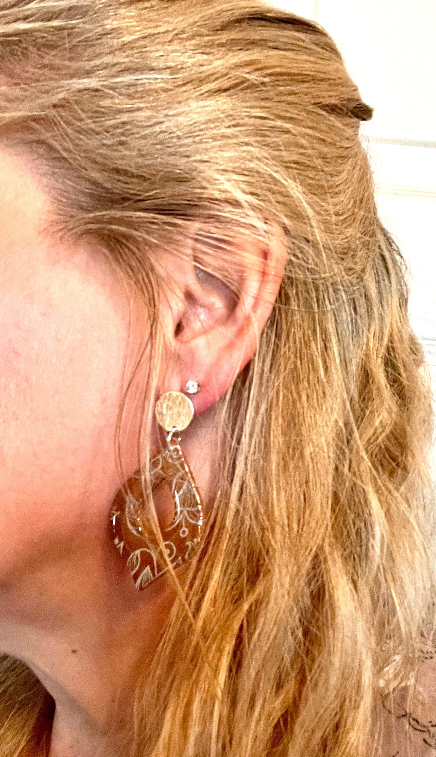 Brown with silver shiny resin coating Dangle teardrop shape handmade clay earrings silver posts lightweight The Arabella