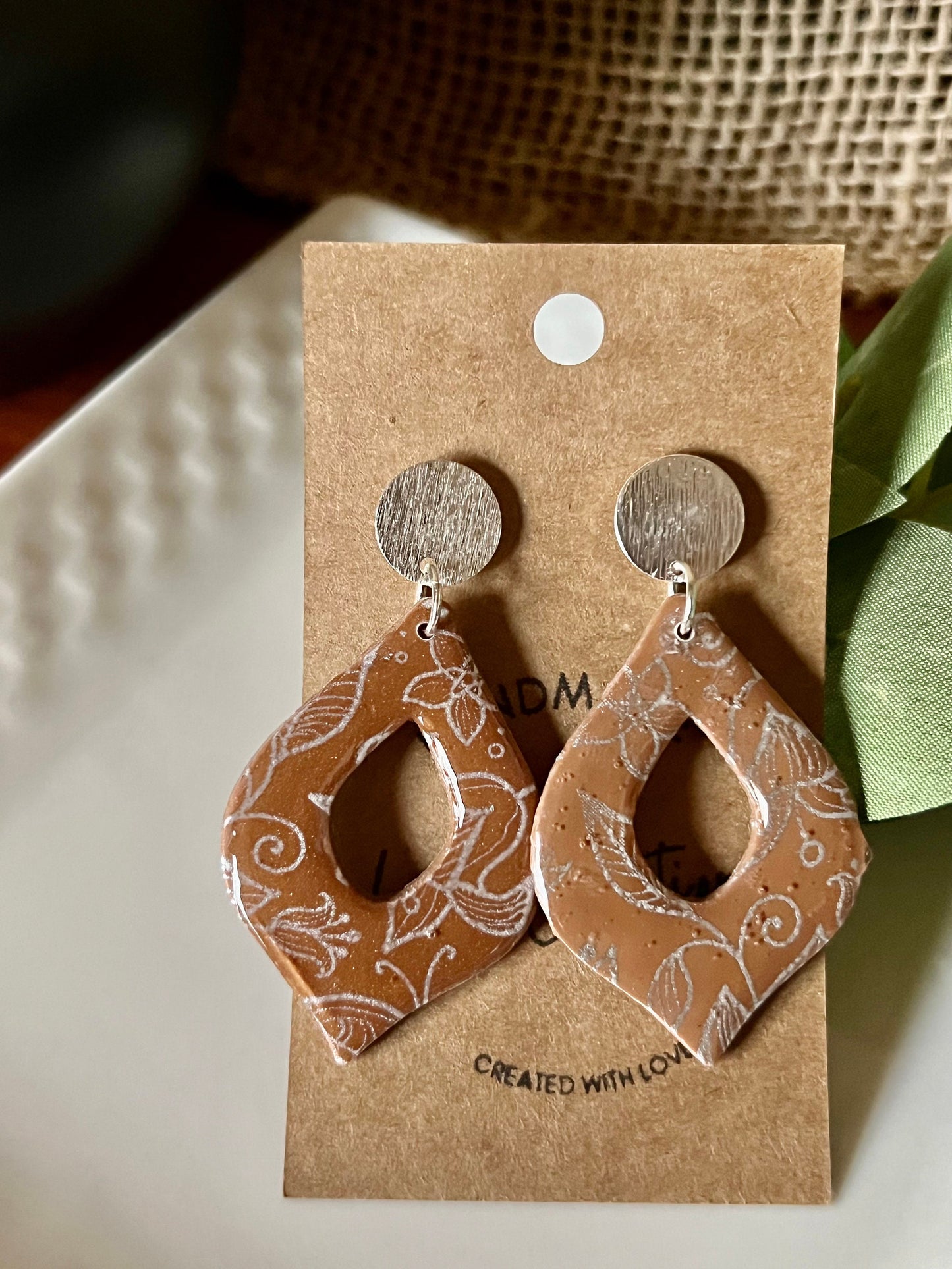 Brown with silver shiny resin coating Dangle teardrop shape handmade clay earrings silver posts lightweight The Arabella
