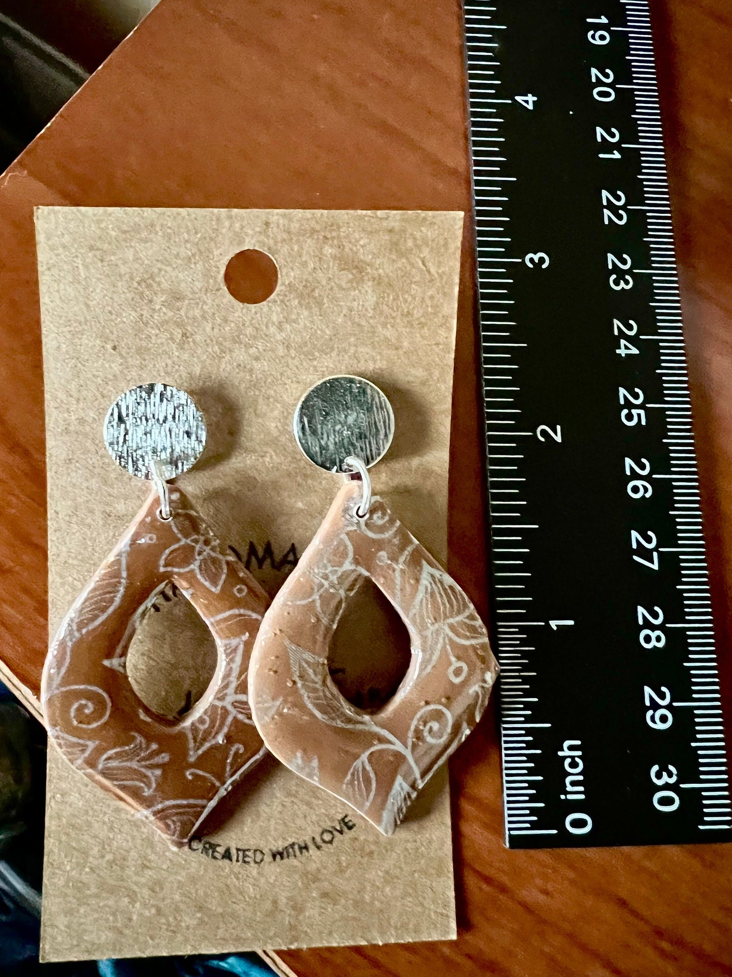 Brown with silver shiny resin coating Dangle teardrop shape handmade clay earrings silver posts lightweight The Arabella