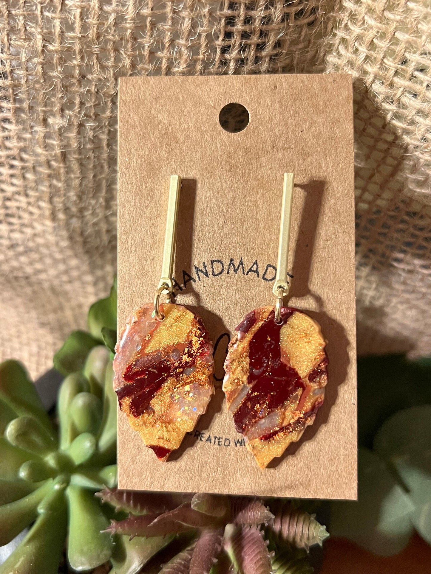 Orange gold burgundy fall earrings Autumn cherry leaf clay earrings resin coating rod post closure