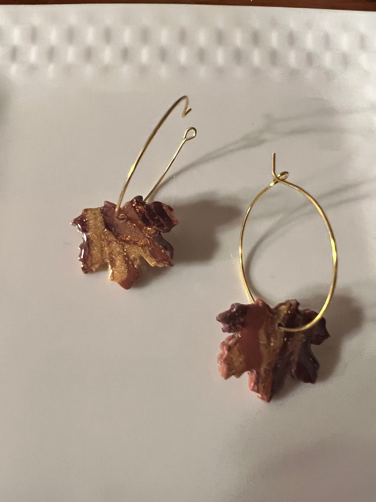 Orange gold burgundy fall colors Maple leaf clay earrings handmade resin coating gold coated hoop