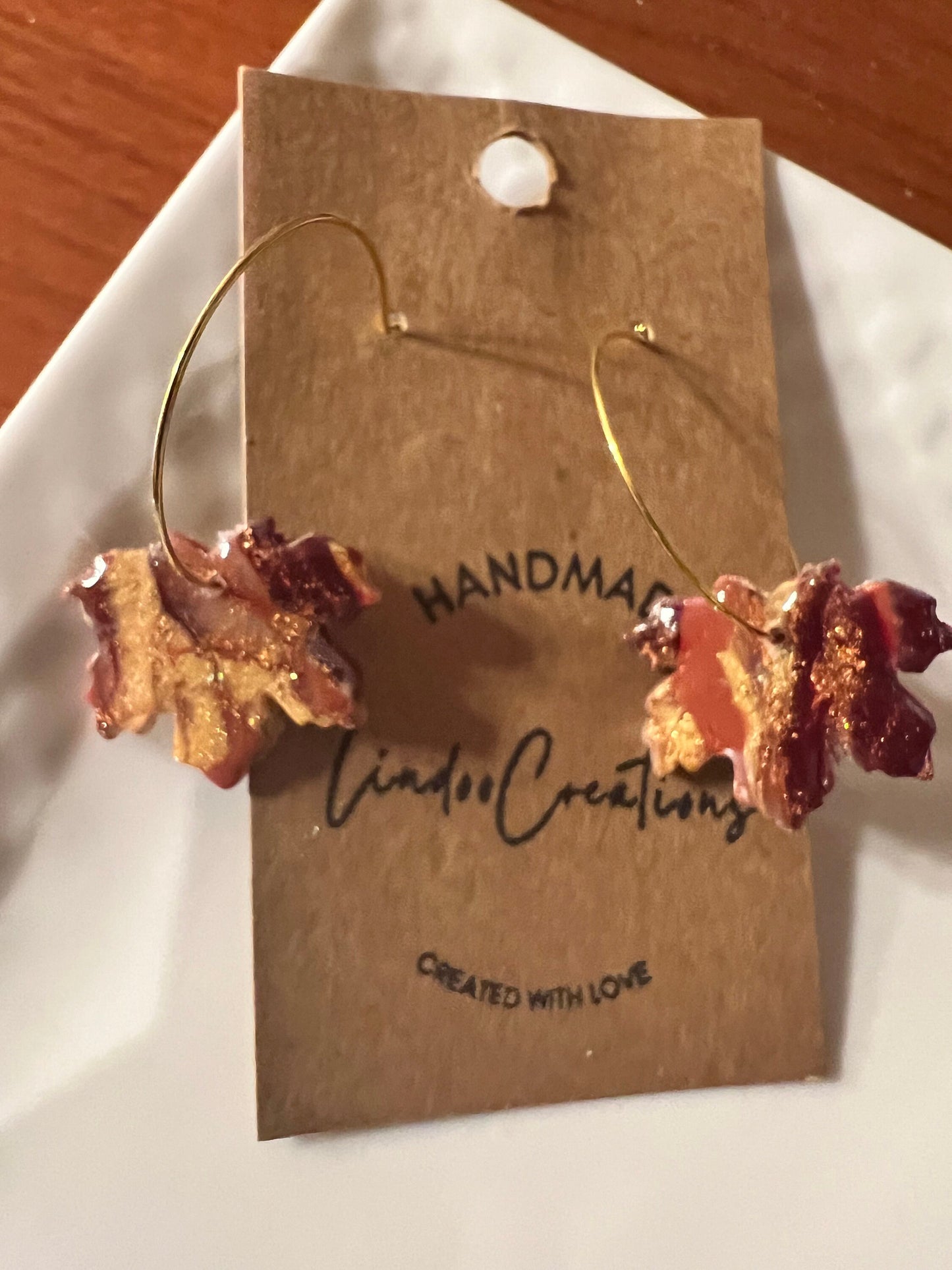 Orange gold burgundy fall colors Maple leaf clay earrings handmade resin coating gold coated hoop