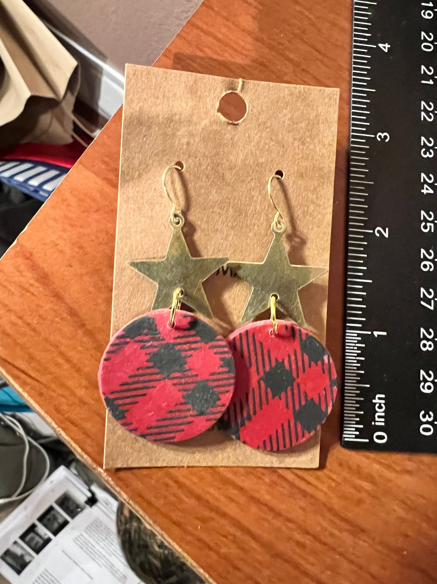 Red and Black Buffalo Plaid painted clay earrings handmade lightweight gold star accent Christmas winter holiday festive The Ornament