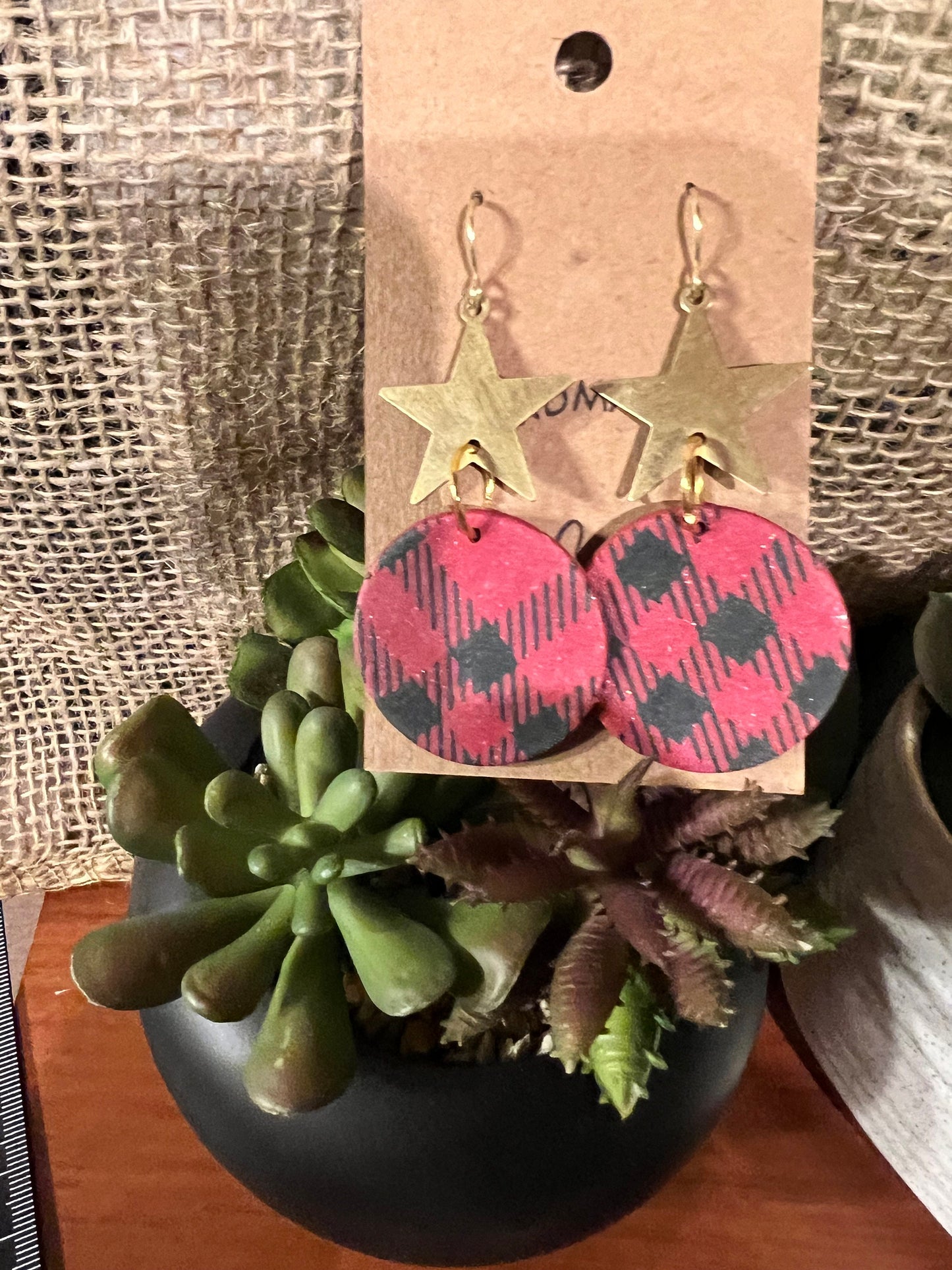 Red and Black Buffalo Plaid painted clay earrings handmade lightweight gold star accent Christmas winter holiday festive The Ornament