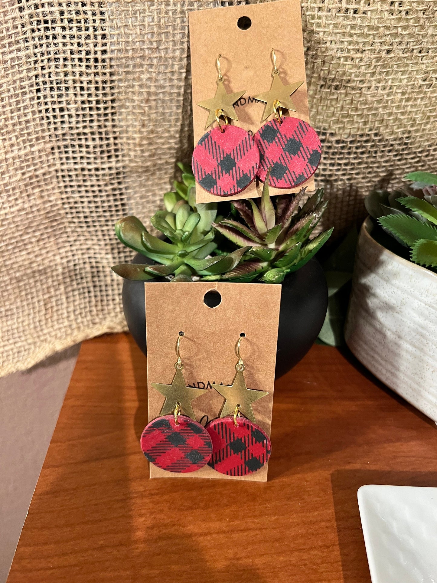 Red and Black Buffalo Plaid painted clay earrings/lightweight/gold star accent/Christmas holiday festive/ The Ornament