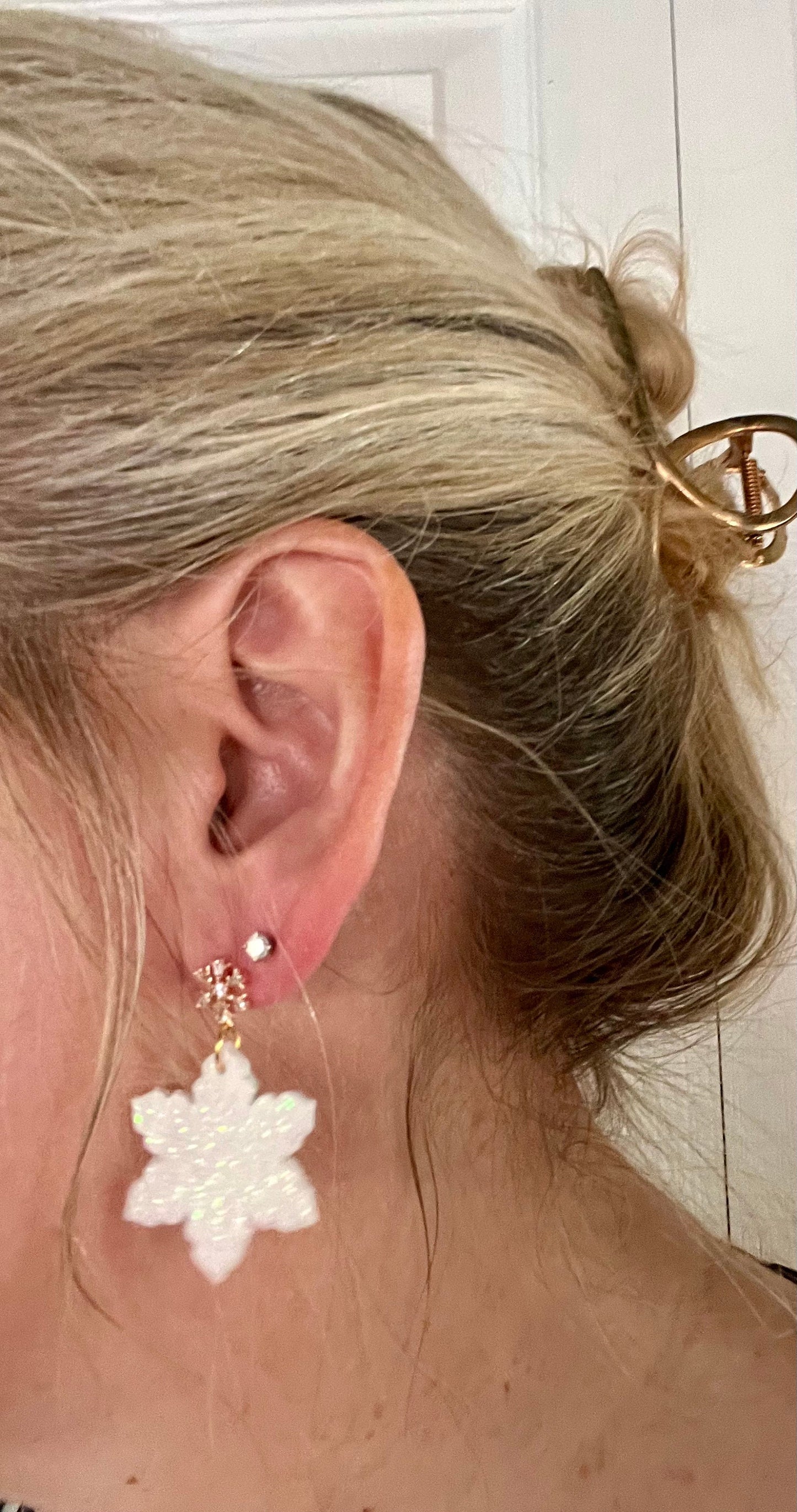 Sparkly white Snowflake clay earrings/lightweight Holiday/Christmas/Winter/gold snowflake stud