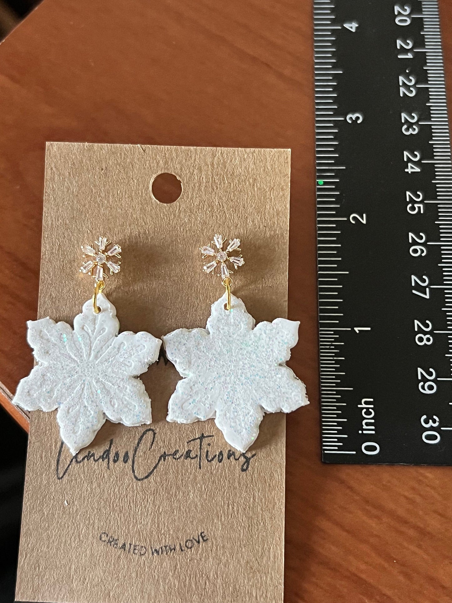 Sparkly white Snowflake clay earrings/lightweight Holiday/Christmas/Winter/gold snowflake stud