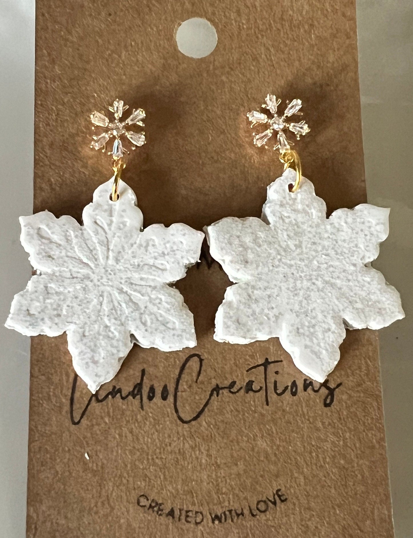 Sparkly white Snowflake clay earrings/lightweight Holiday/Christmas/Winter/gold snowflake stud