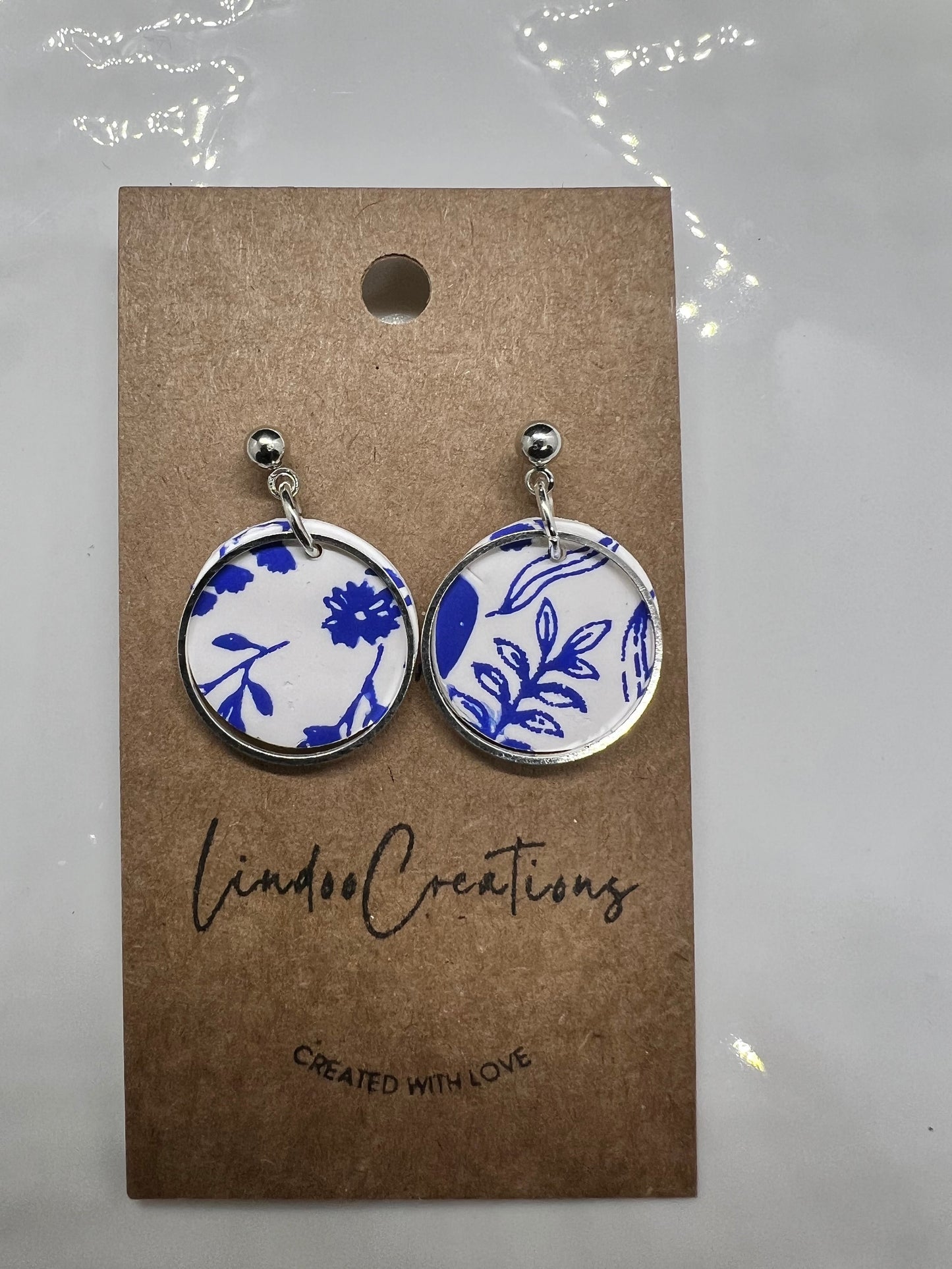 Small circle blue & white floral clay earrings with silver hardware/lightweight dainty petite/silver ball post closure/The Emma