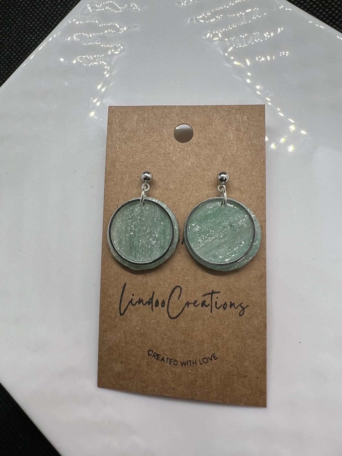Small circle light green clay earrings with silver hardware seaglass green with resin coating lightweight handmade dainty petite The Emma