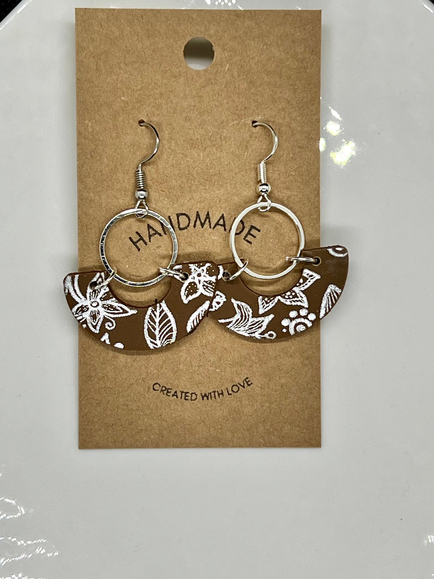 Silver and brown arch lightweight handmade clay earrings long dangling silver circle silver coated ear wire The Wendy