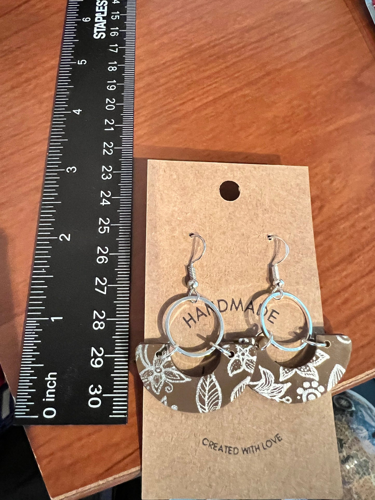Silver and brown arch lightweight handmade clay earrings long dangling silver circle silver coated ear wire The Wendy