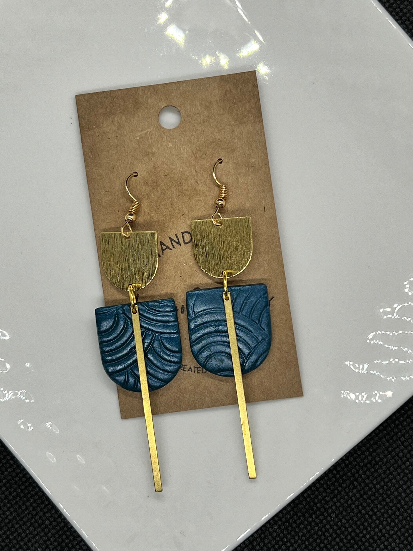 Dark Teal textured dangle earrings with gold hardware/modern boho/blue green aqua lightweight clay/The Maggie