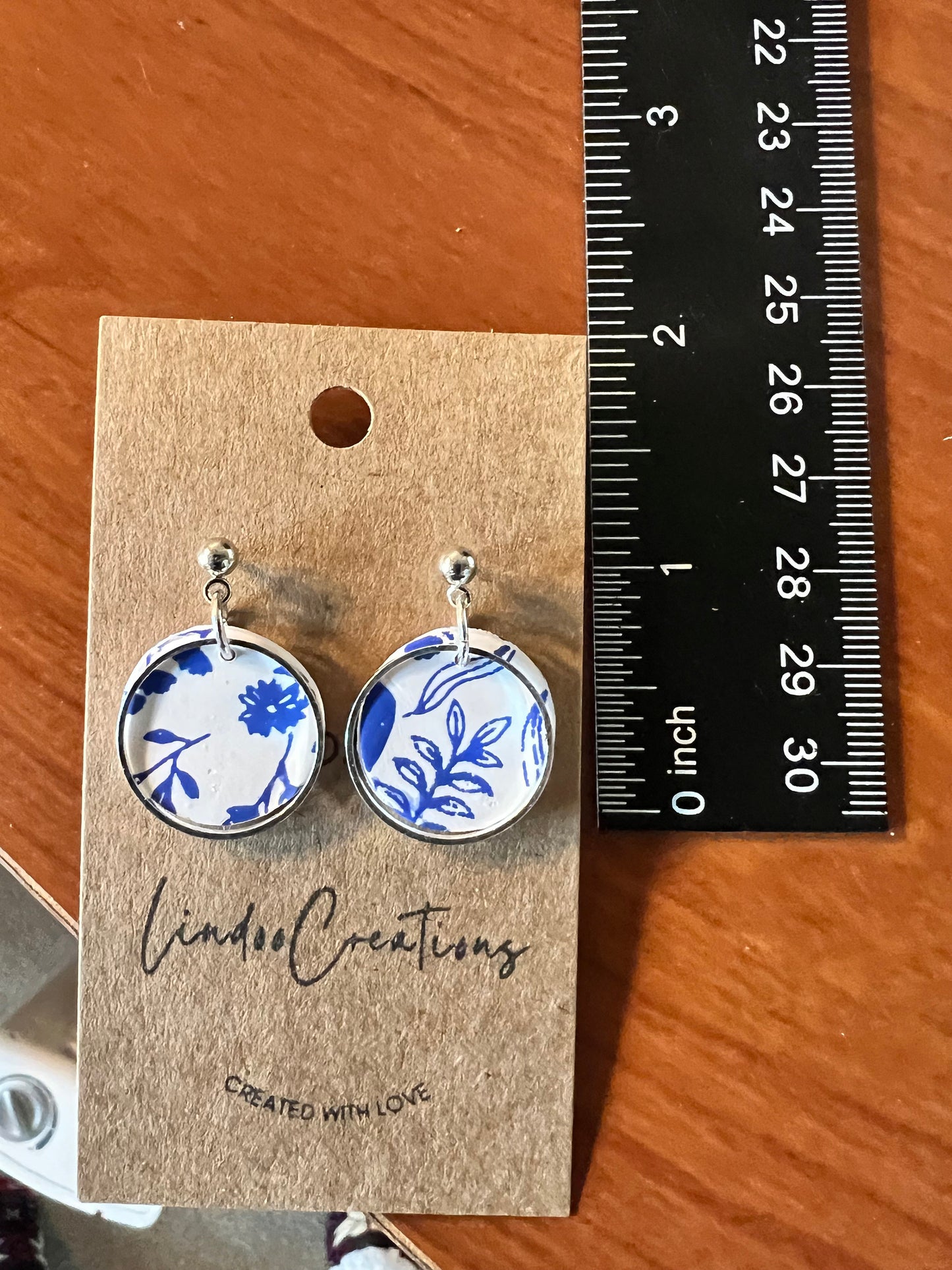 Small circle blue & white floral clay earrings with silver hardware/lightweight dainty petite/silver ball post closure/The Emma