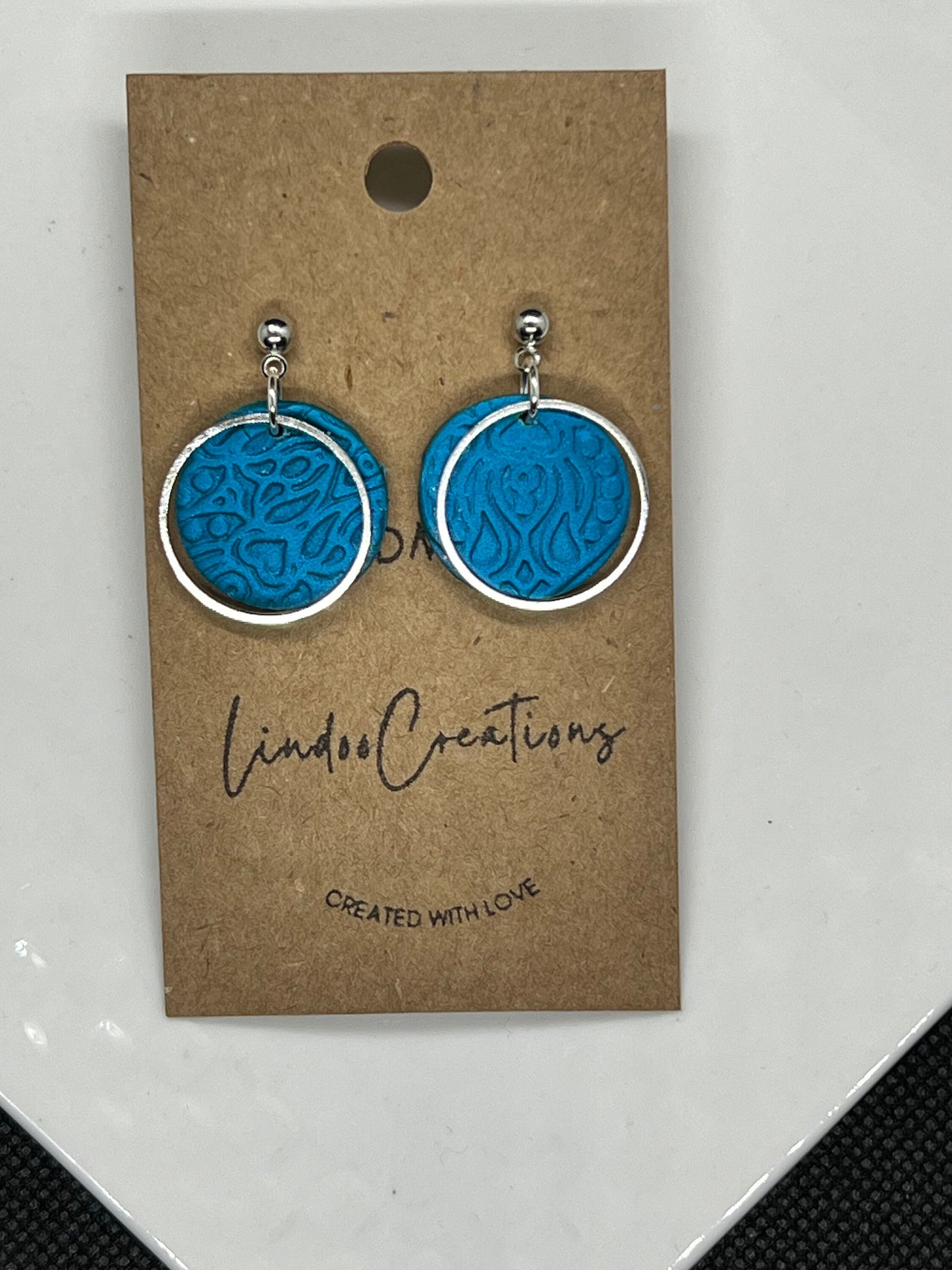 Small circle blue teal turquoise textured clay earrings with silver hardware/lightweight dainty petite/silver ball post closure/The Emma