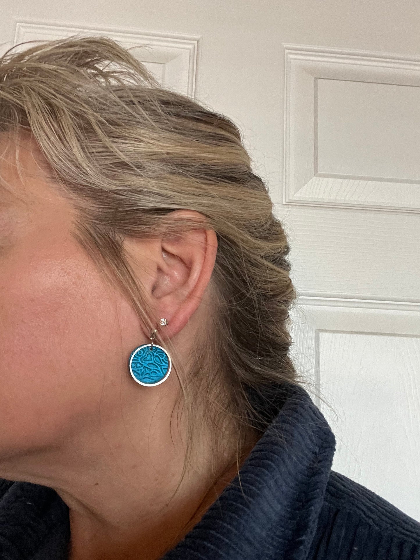 Small circle blue teal turquoise textured clay earrings with silver hardware/lightweight dainty petite/silver ball post closure/The Emma