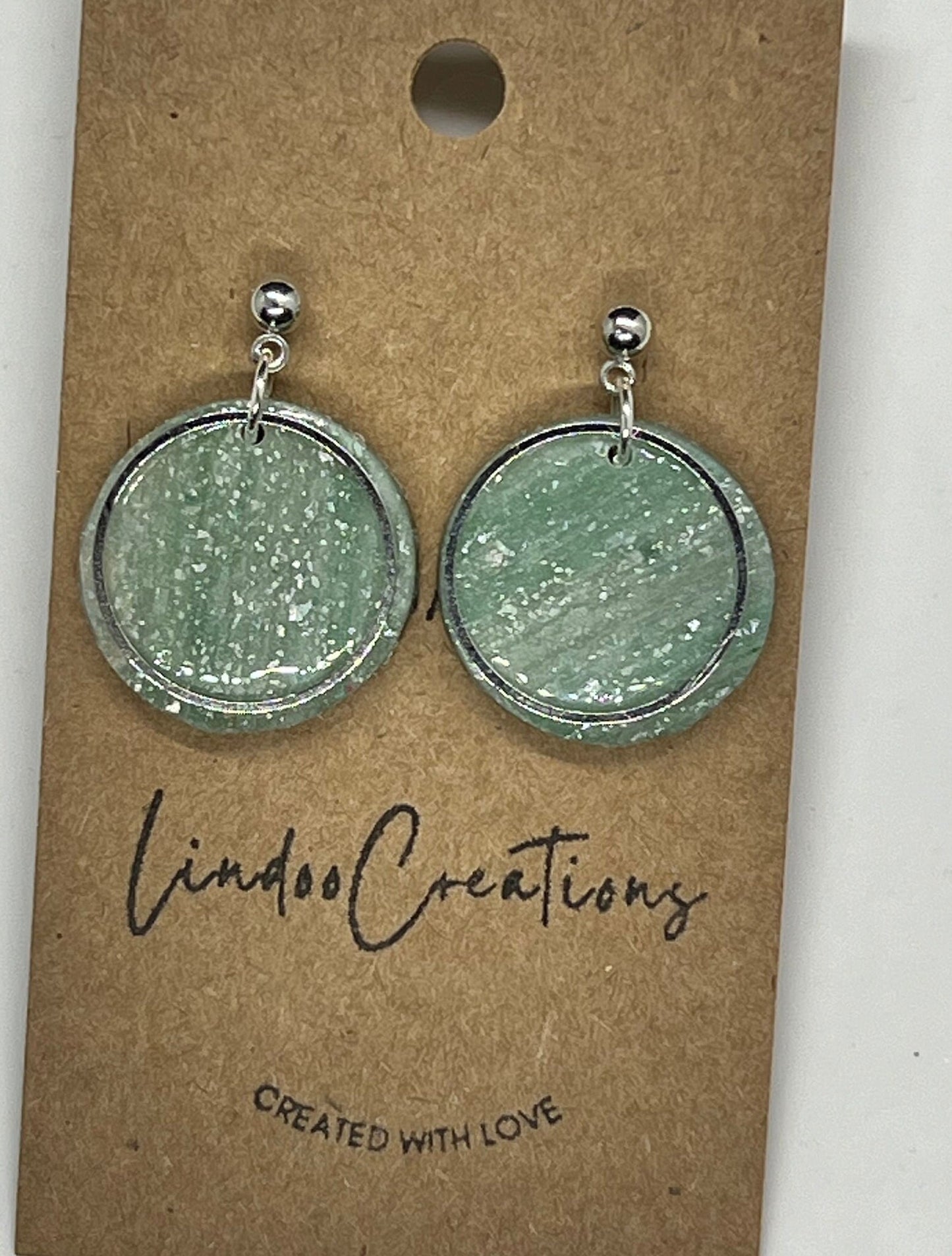 Small circle light green clay earrings with silver hardware seaglass green with resin coating lightweight handmade dainty petite The Emma