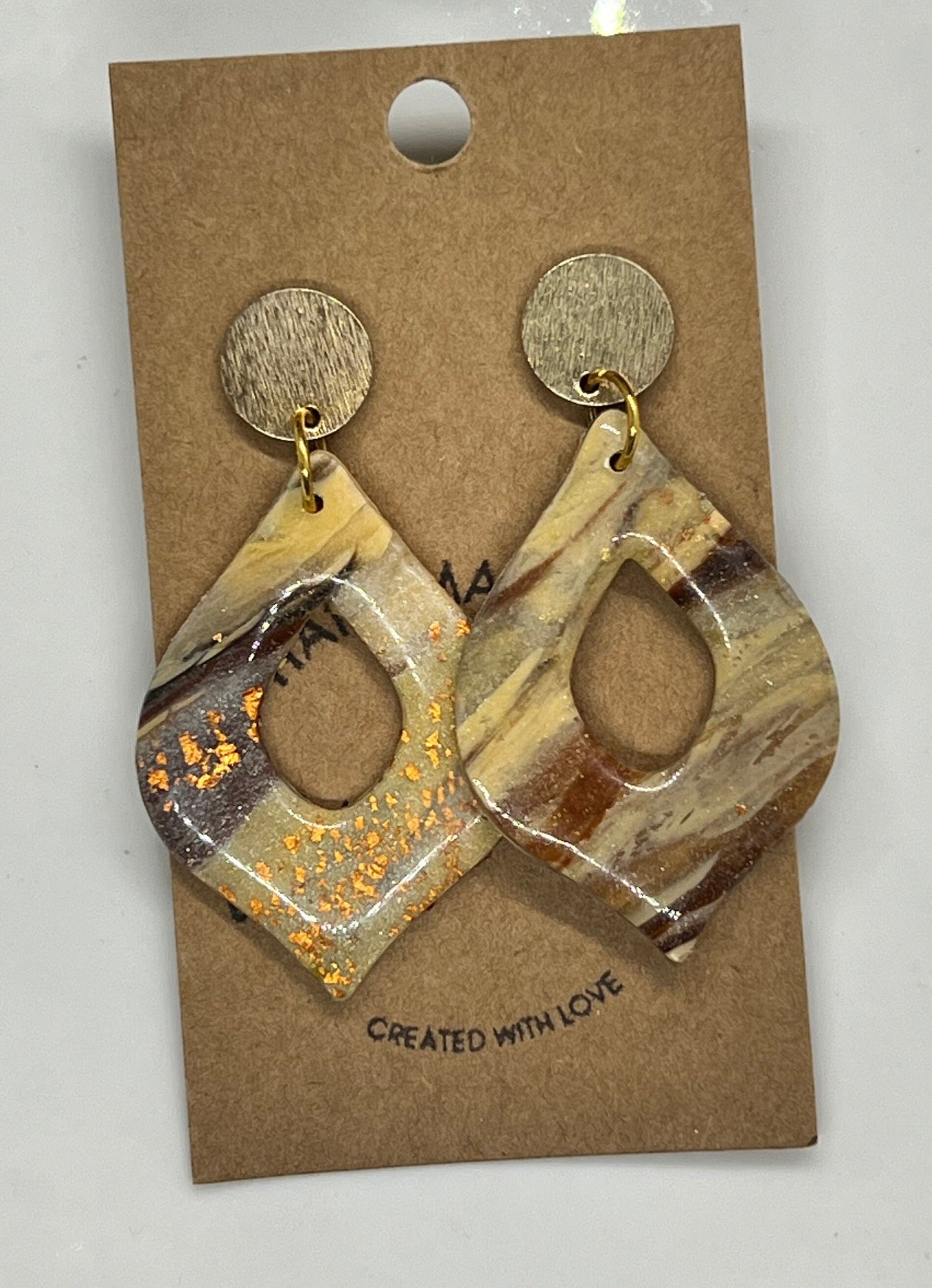 Gold tan beige Dangle teardrop shape handmade clay earrings gold & copper flecks lightweight The Arabella