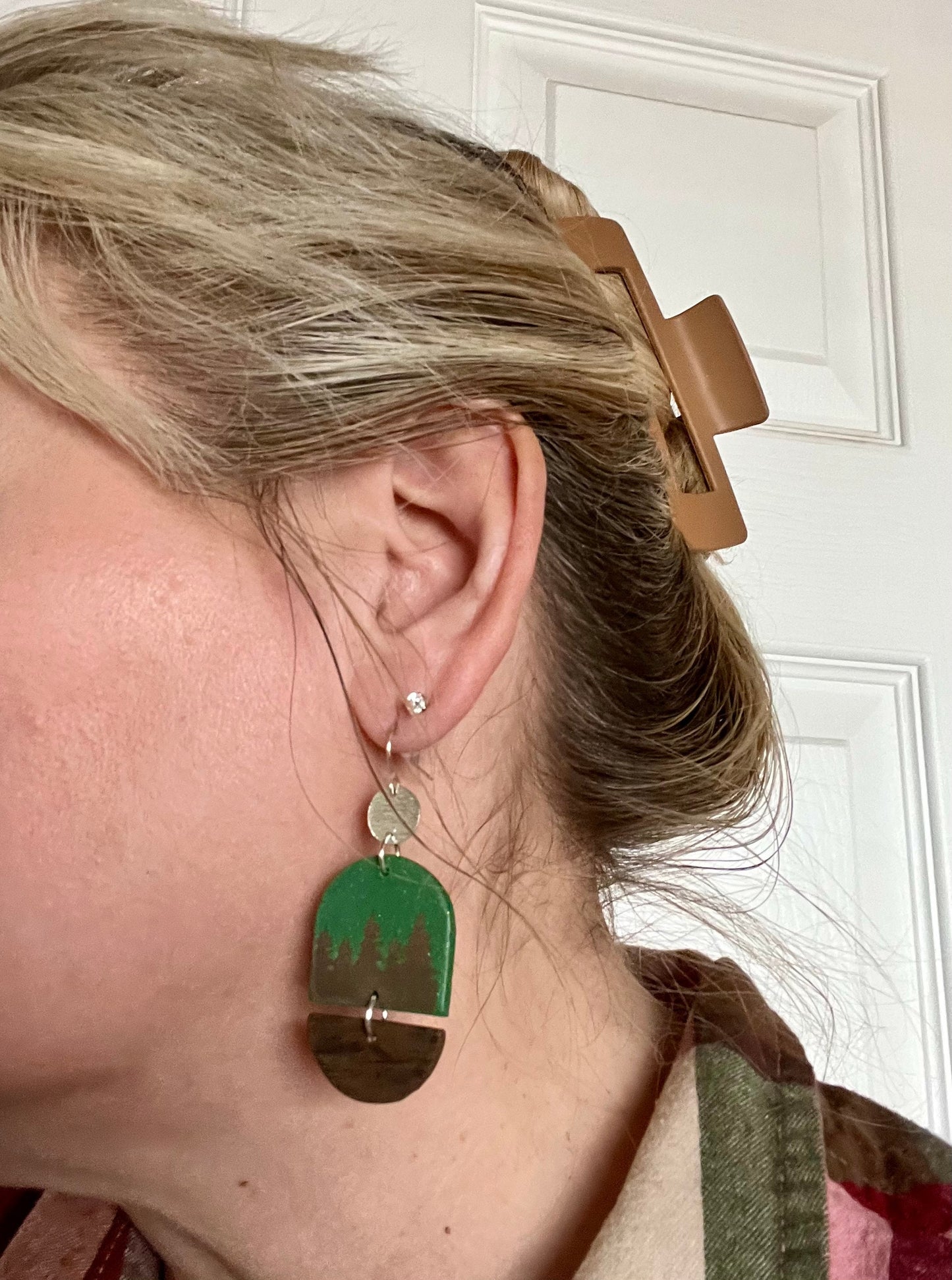 Green and brown pine trees and faux wood disks clay earrings silver accents lightweight The Ashley