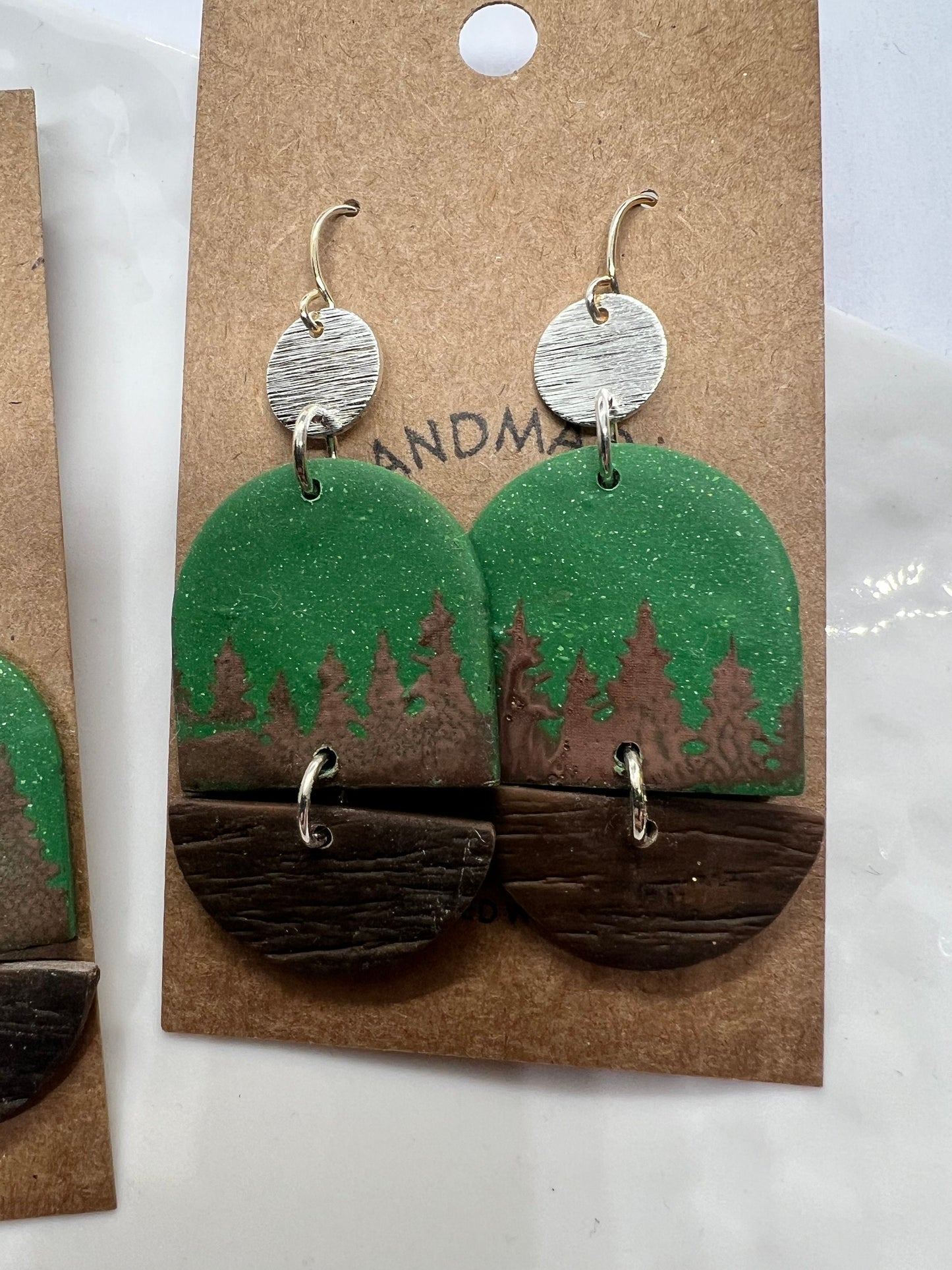 Green and brown pine trees and faux wood disks clay earrings silver accents lightweight The Ashley
