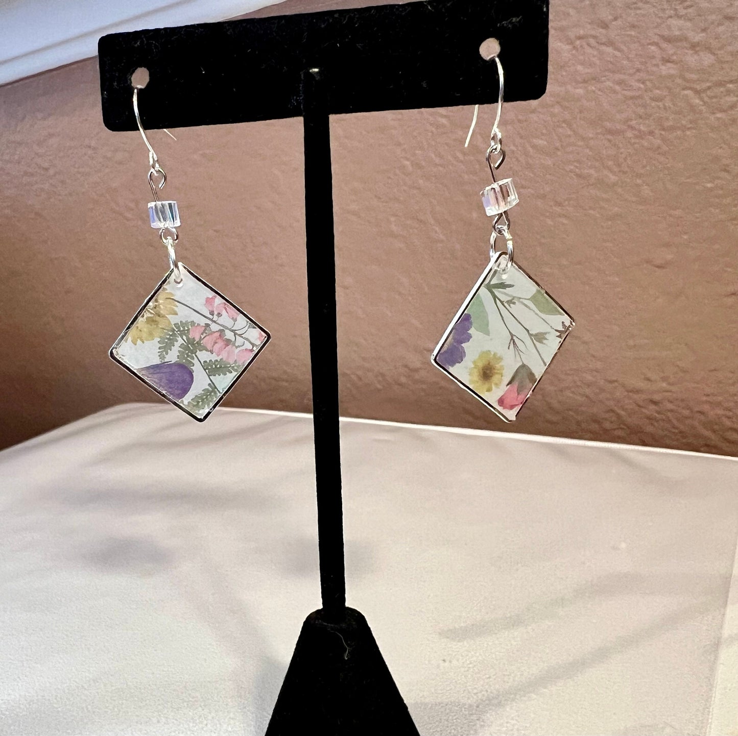 Floral botanical print in multiple colors silver square dangling resin handmade earrings silver ear wire closure ultra lightweight The Abbey