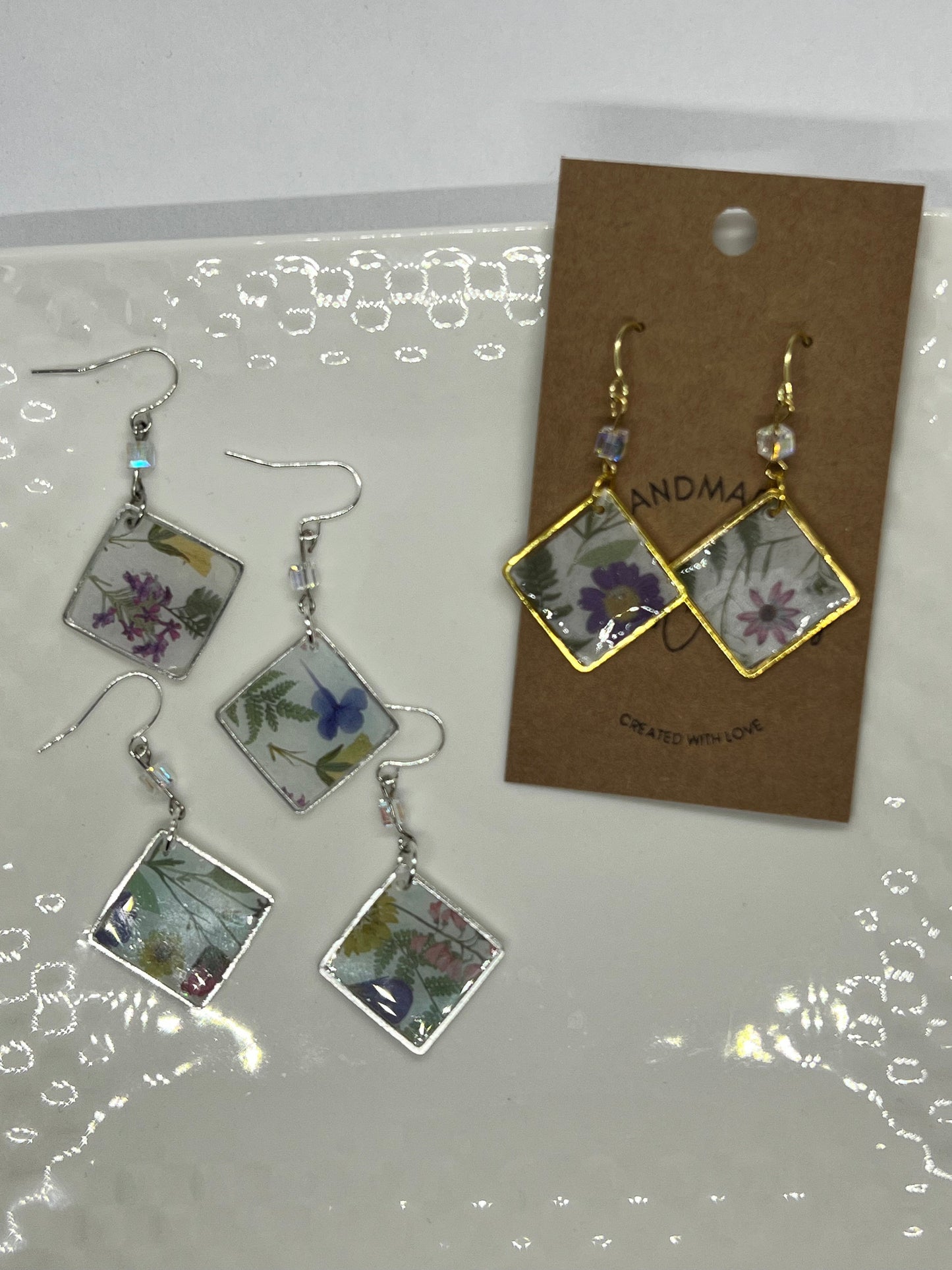 Floral botanical print in multiple colors/gold square dangling resin earrings/gold ear wire closure/ultra lightweight /The Abbey