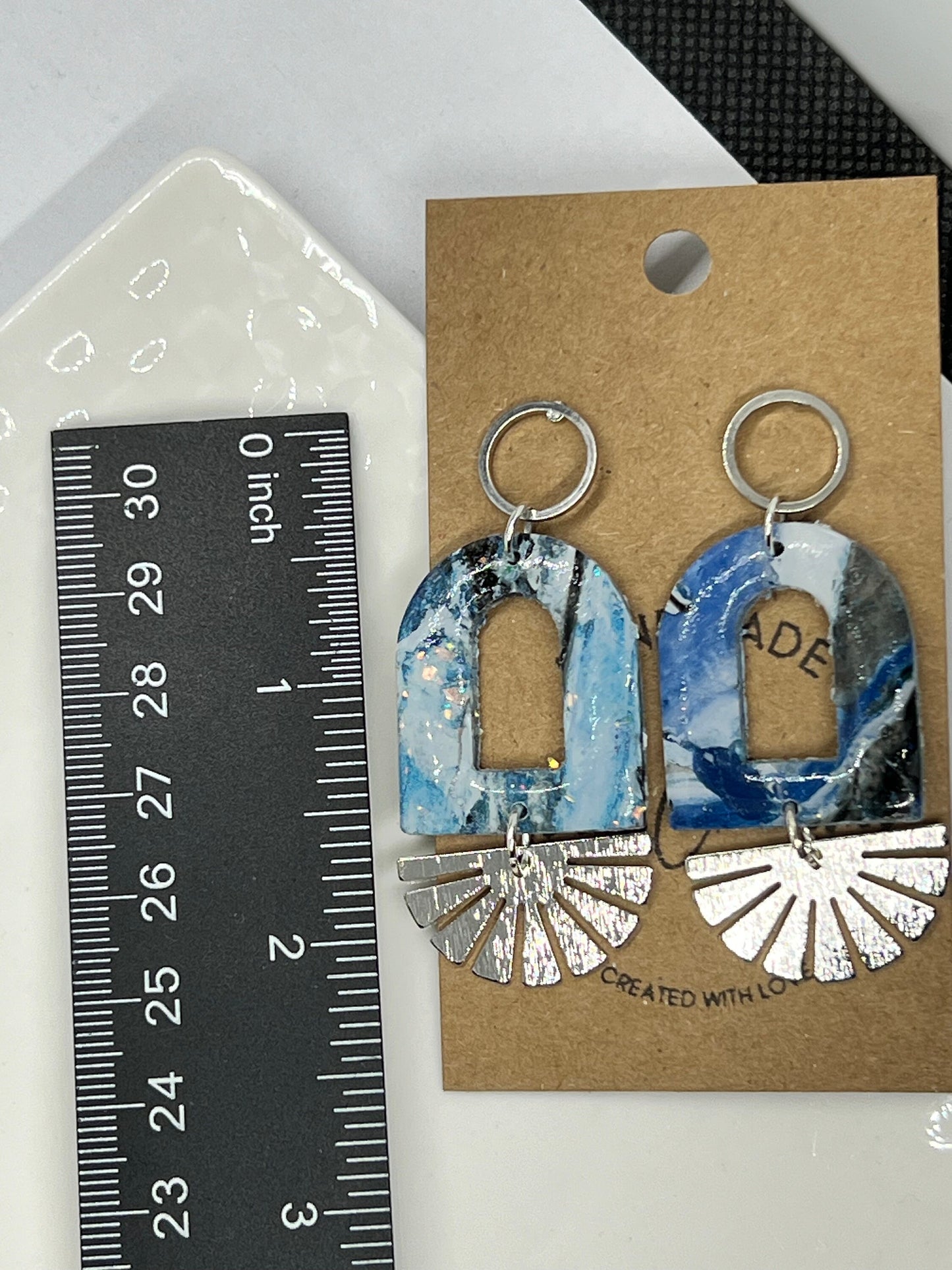 Medium denim Blue Marble patterned Arch clay earrings with silver accents handmade lightweight resin coating medium denim blue the Aubrey