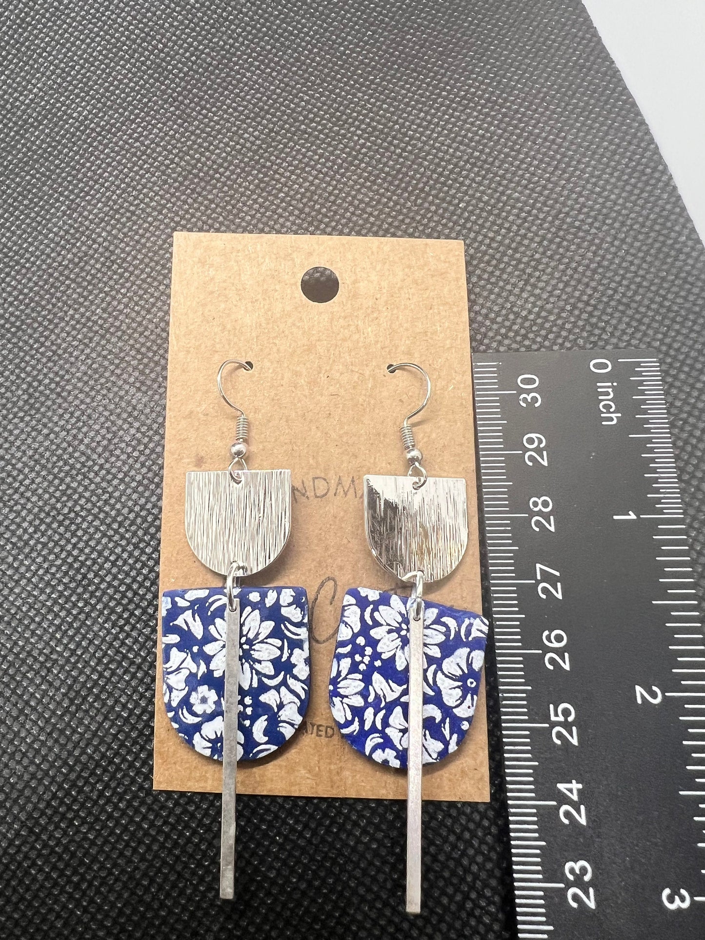 Royal blue and white floral Long dangle earrings polymer clay handmade silver hardware modern dark blue painted floral boho metal The Maggie