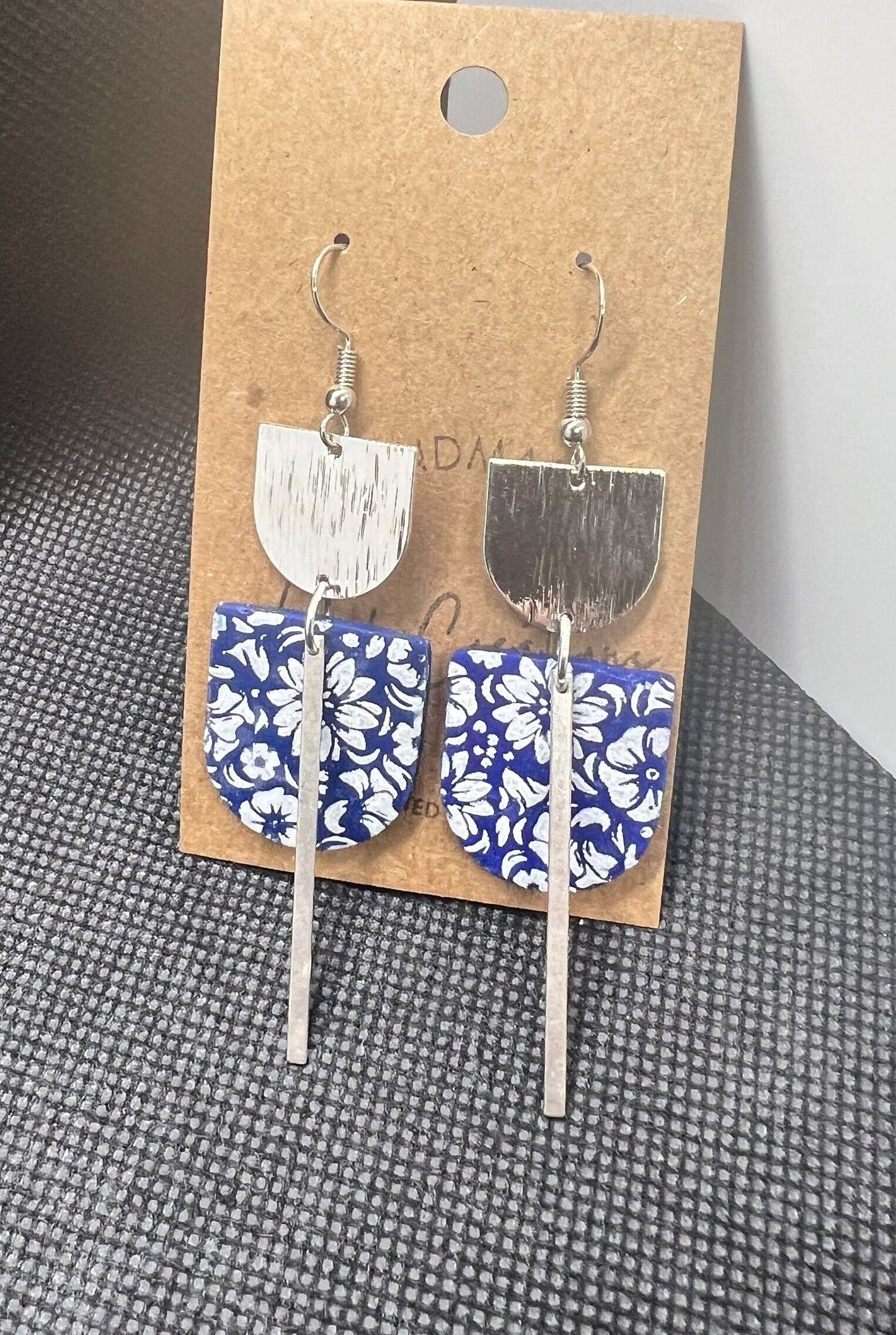 Royal blue and white floral Long dangle earrings polymer clay handmade silver hardware modern dark blue painted floral boho metal The Maggie