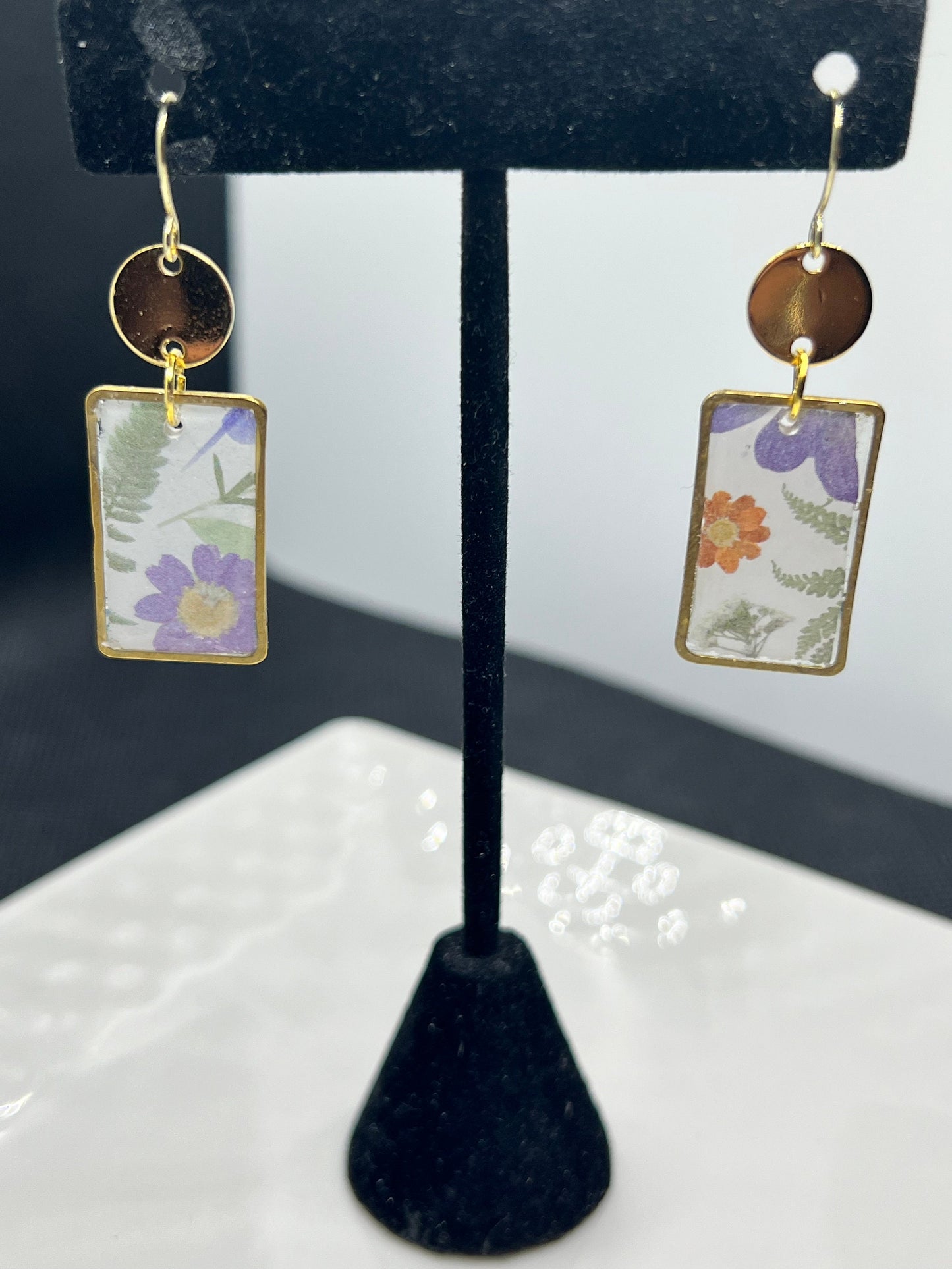 Floral botanical rectangle print resin coated earrings handmade lightweight green pink purple white gold colored accent trim The Bella
