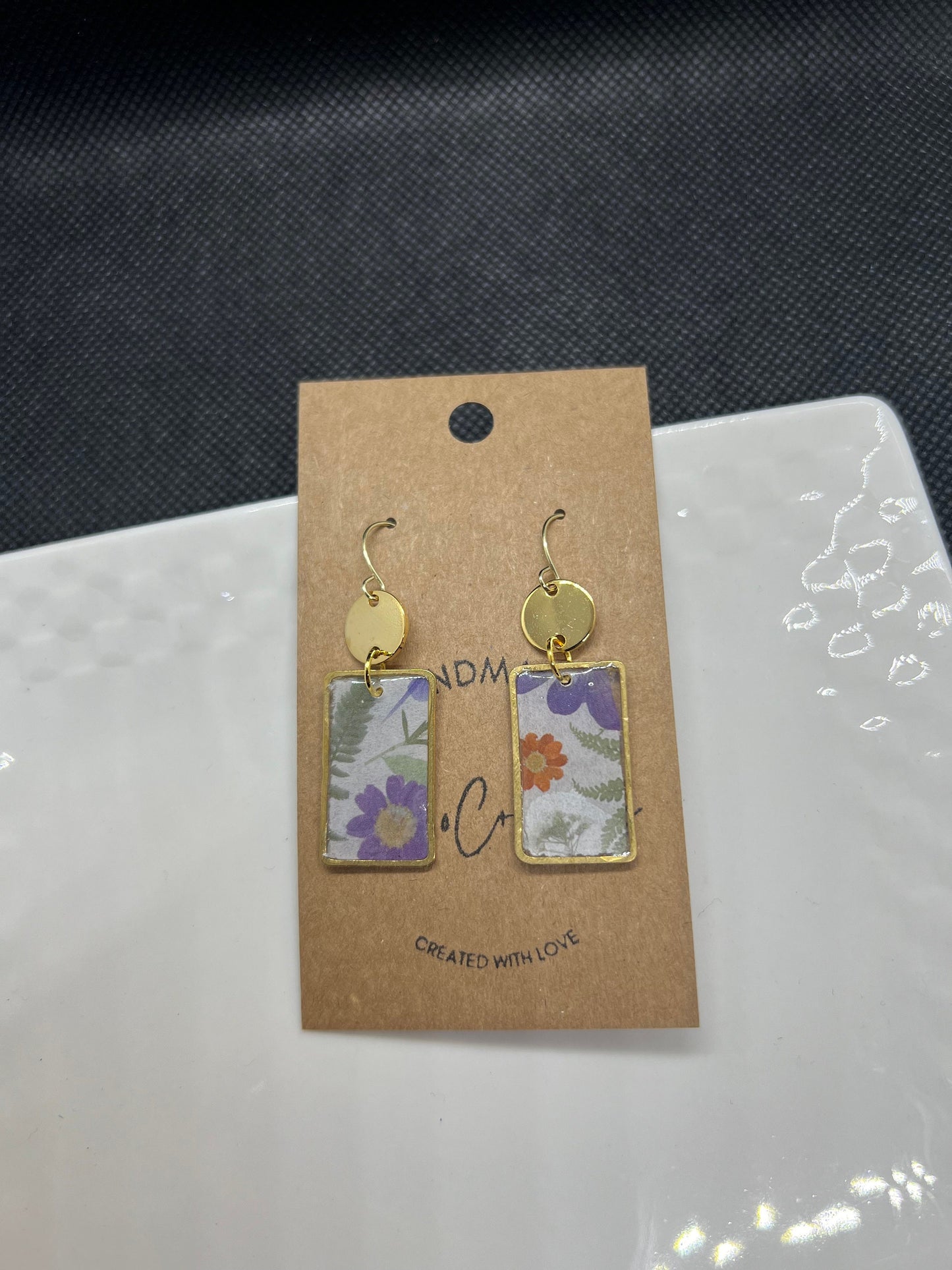 Floral botanical rectangle print resin coated earrings handmade lightweight green pink purple white gold colored accent trim The Bella