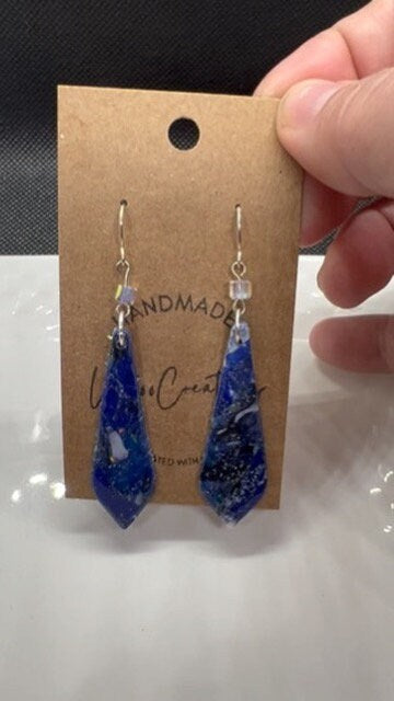 Deep Blue Marble patterned clay earrings with crystal bead accent lightweight handmade resin coating dark royal blue the Maddie