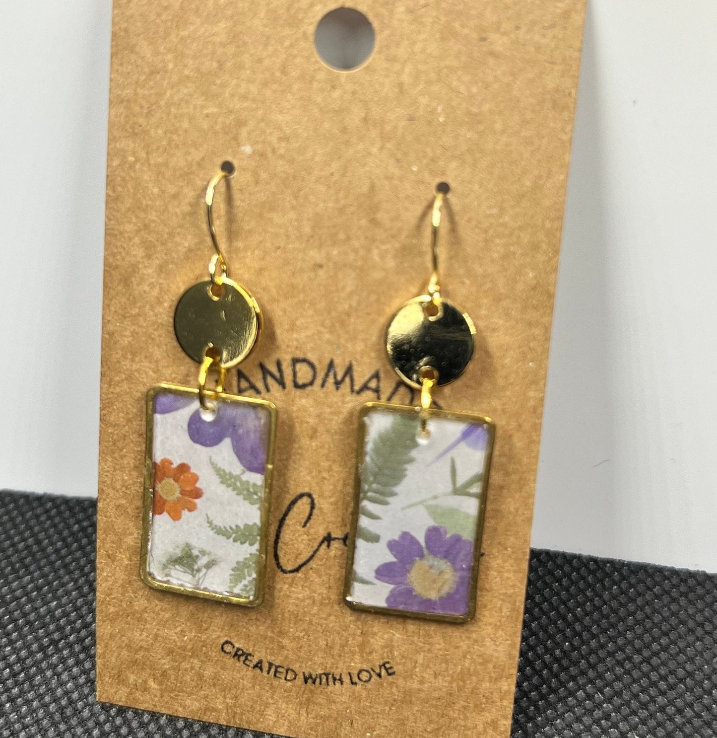 Floral botanical rectangle print resin coated earrings handmade lightweight green pink purple white gold colored accent trim The Bella