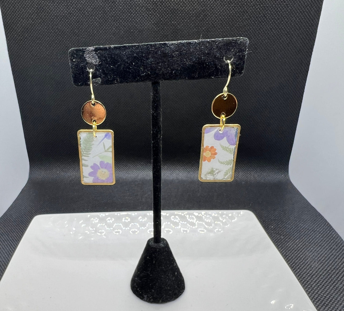 Floral botanical rectangle print resin coated earrings handmade lightweight green pink purple white gold colored accent trim The Bella