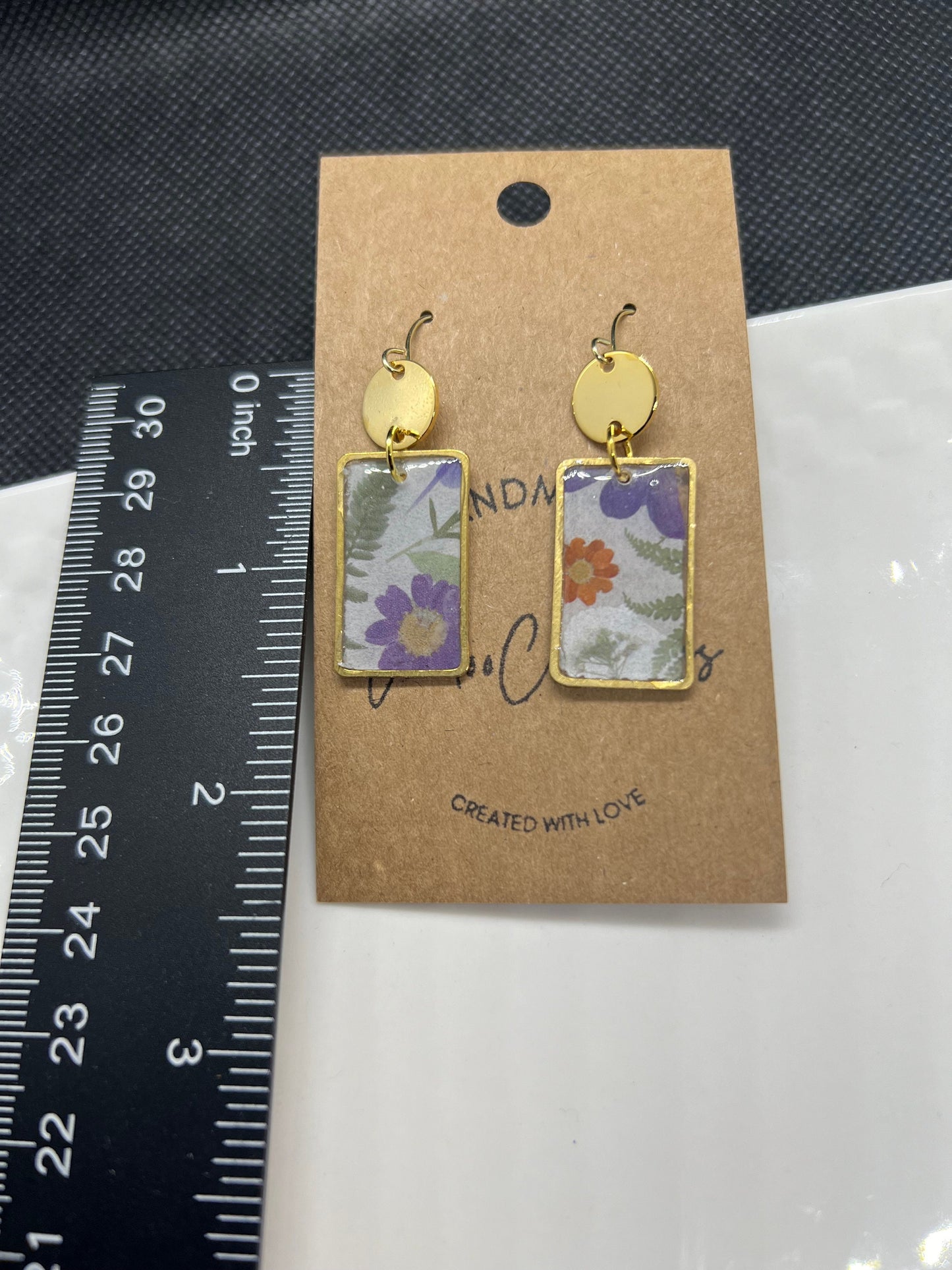 Floral botanical rectangle print resin coated earrings handmade lightweight green pink purple white gold colored accent trim The Bella