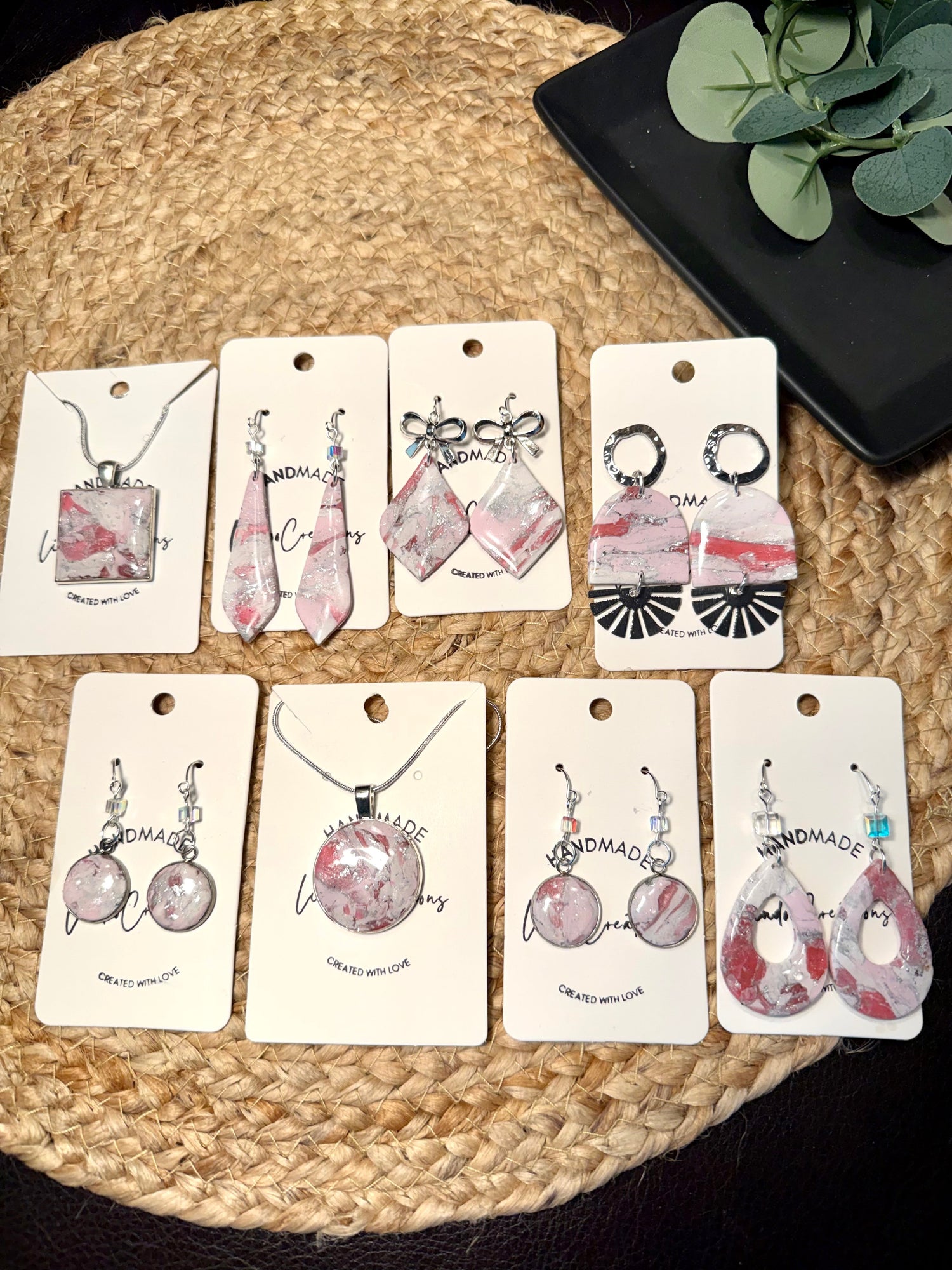 pink marble polymer clay earrings lightweight handmade stylish gift for her silver accents crystal bead accent silver wire hooks