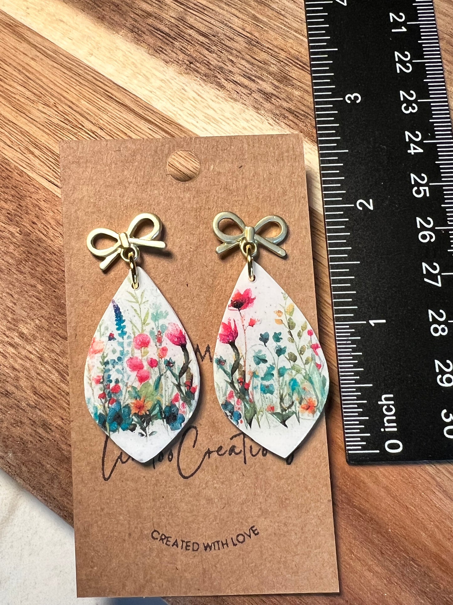 Floral Polymer Clay Earrings: Botanical Wedding Bridesmaid Jewelry with gold bow