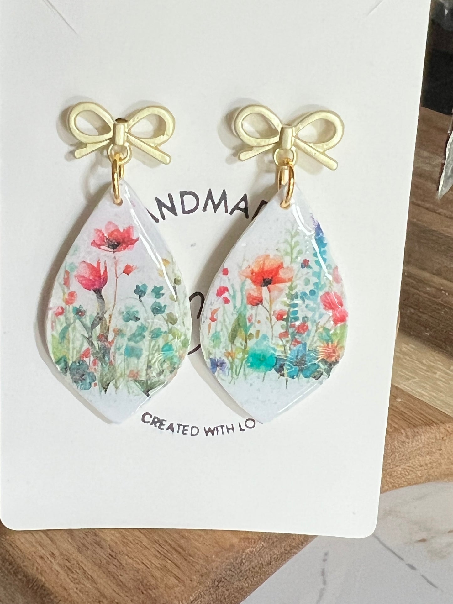 Floral Polymer Clay Earrings: Botanical Wedding Bridesmaid Jewelry with gold bow