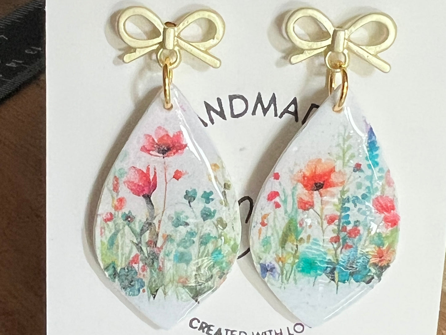 Floral Polymer Clay Earrings: Botanical Wedding Bridesmaid Jewelry with gold bow