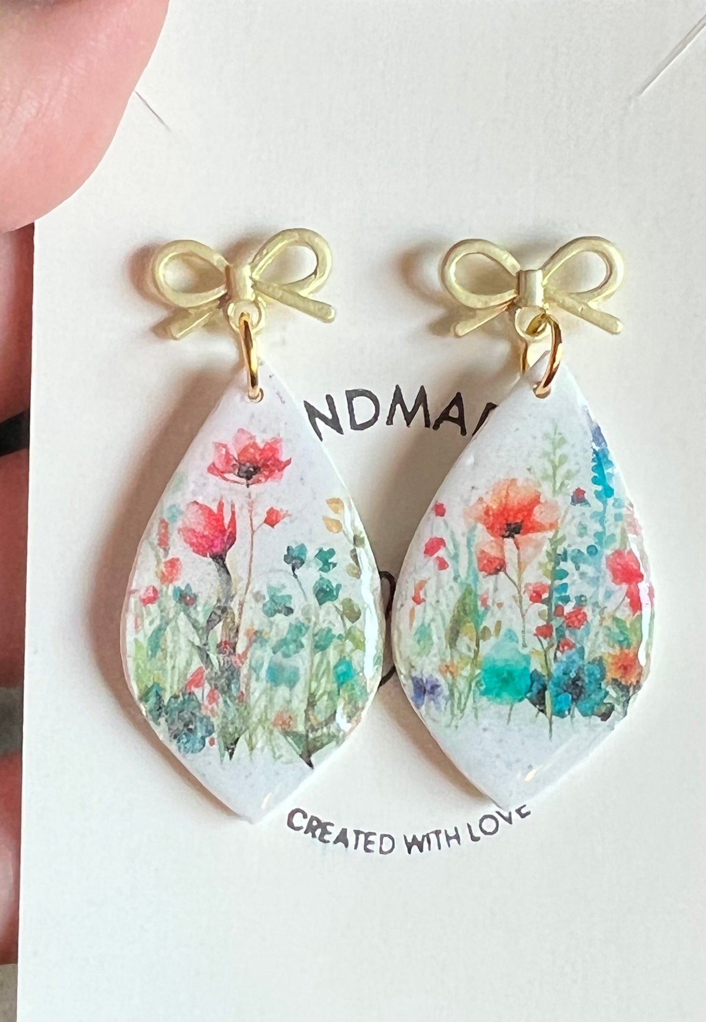 Floral Polymer Clay Earrings: Botanical Wedding Bridesmaid Jewelry with gold bow