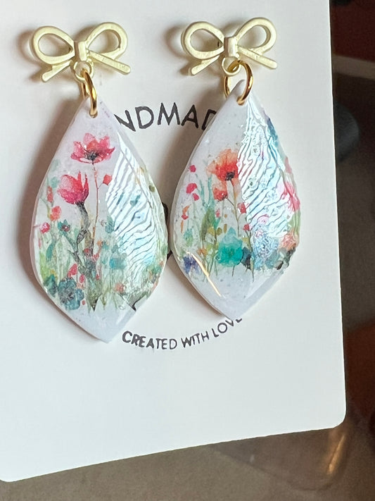 Floral Polymer Clay Earrings: Botanical Wedding Bridesmaid Jewelry with gold bow
